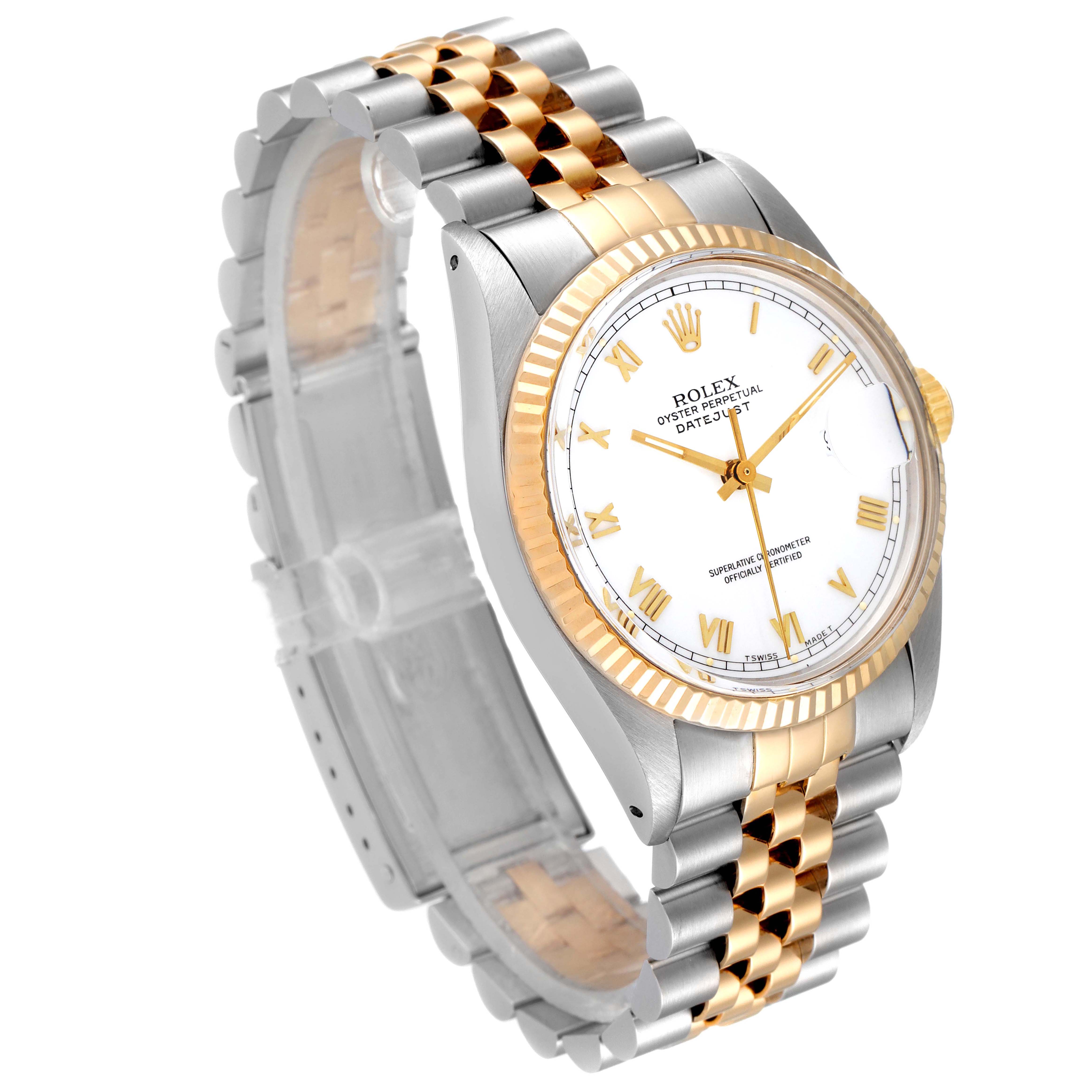 This image shows a Rolex Vintage Collection 16013 Men's Steel and Gold (two tone) White Dial 16013 Men's Steel and Gold (two tone) White Dial watch, featuring a gold and silver two-tone bracelet and a white face with Roman numerals.