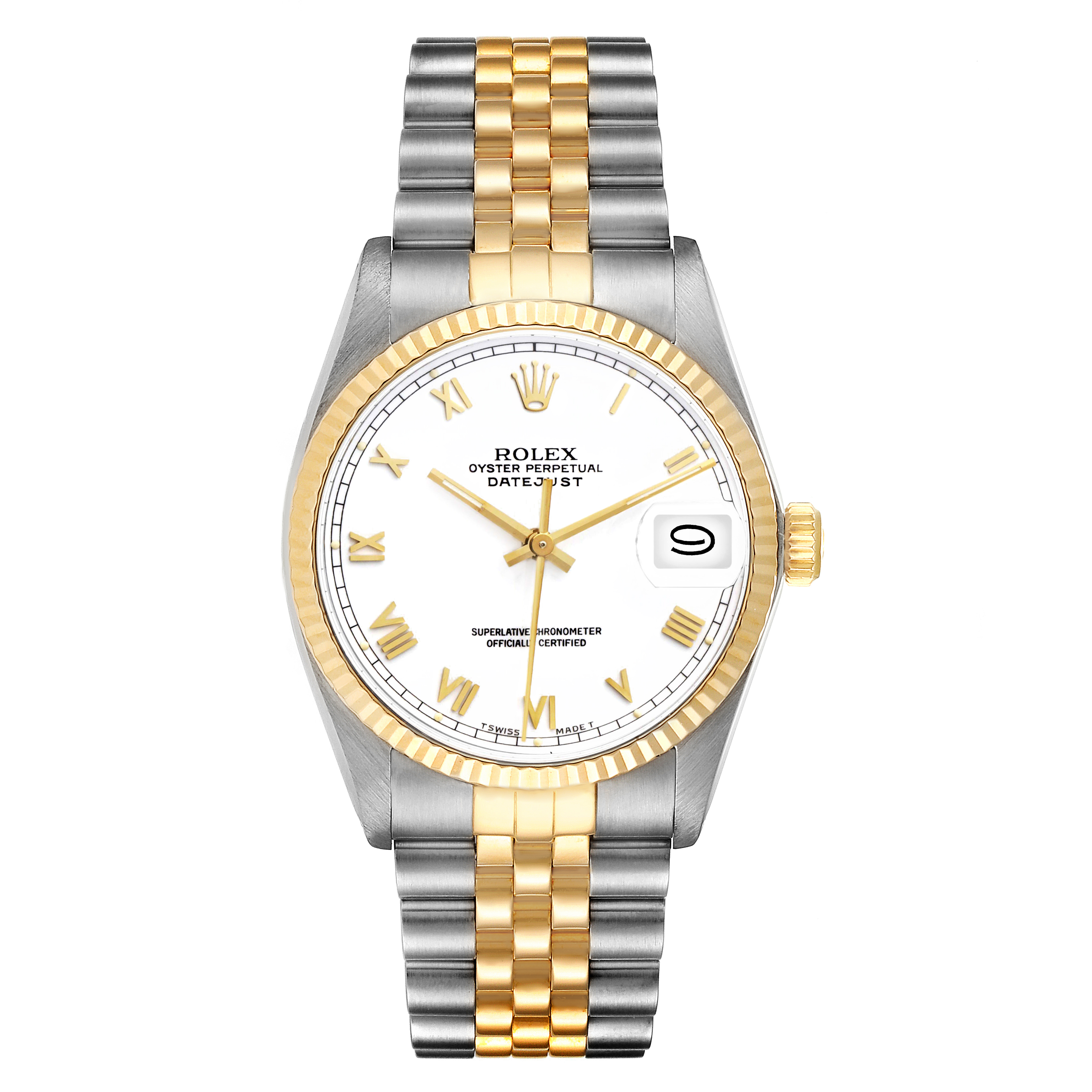The image shows a Rolex Vintage Collection 16013 Men's Steel and Gold (two tone) White Dial 16013 Men's Steel and Gold (two tone) White Dial Oyster Perpetual Datejust watch from a top-down angle, displaying the face and bracelet.