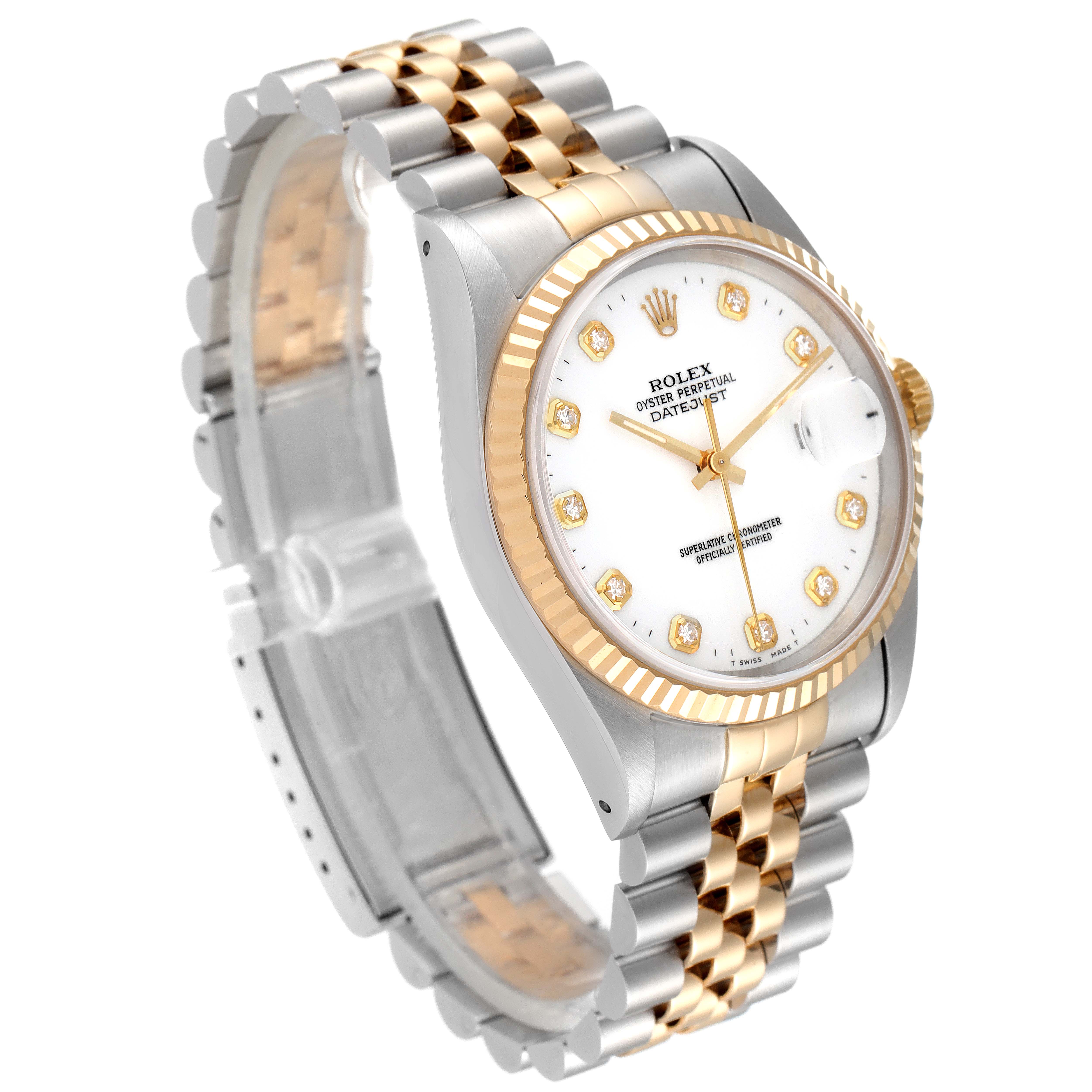 The image shows a Rolex Datejust 16233 Men's Steel and Gold (two tone) White Dial 16233 Men's Steel and Gold (two tone) White Dial watch at a slight angle, highlighting its gold and silver jubilee bracelet and fluted bezel.