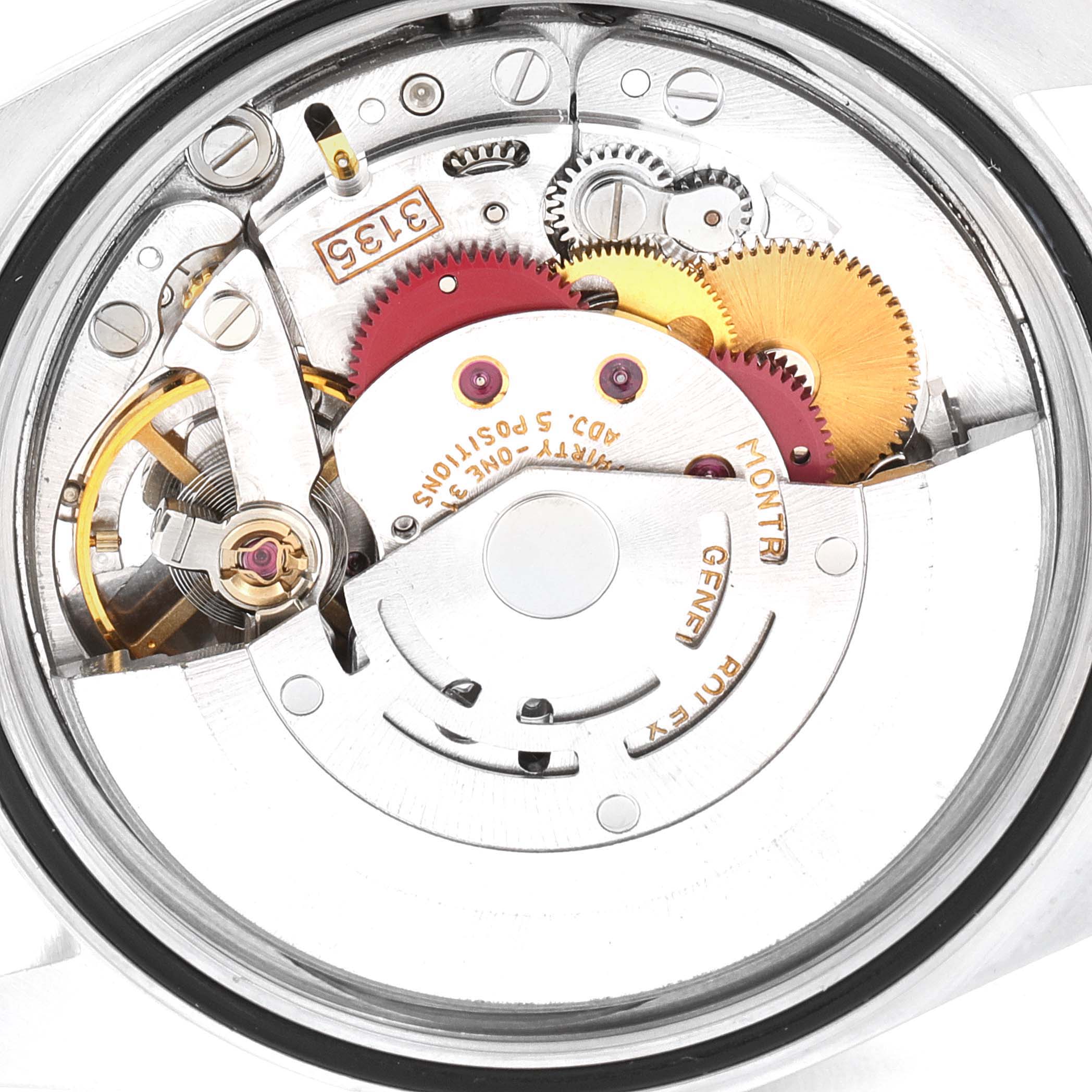 The image shows the internal movement mechanism of a Rolex Datejust 16233 Men's Steel and Gold (two tone) White Dial 16233 Men's Steel and Gold (two tone) White Dial watch, focusing on its gears and mechanical parts.