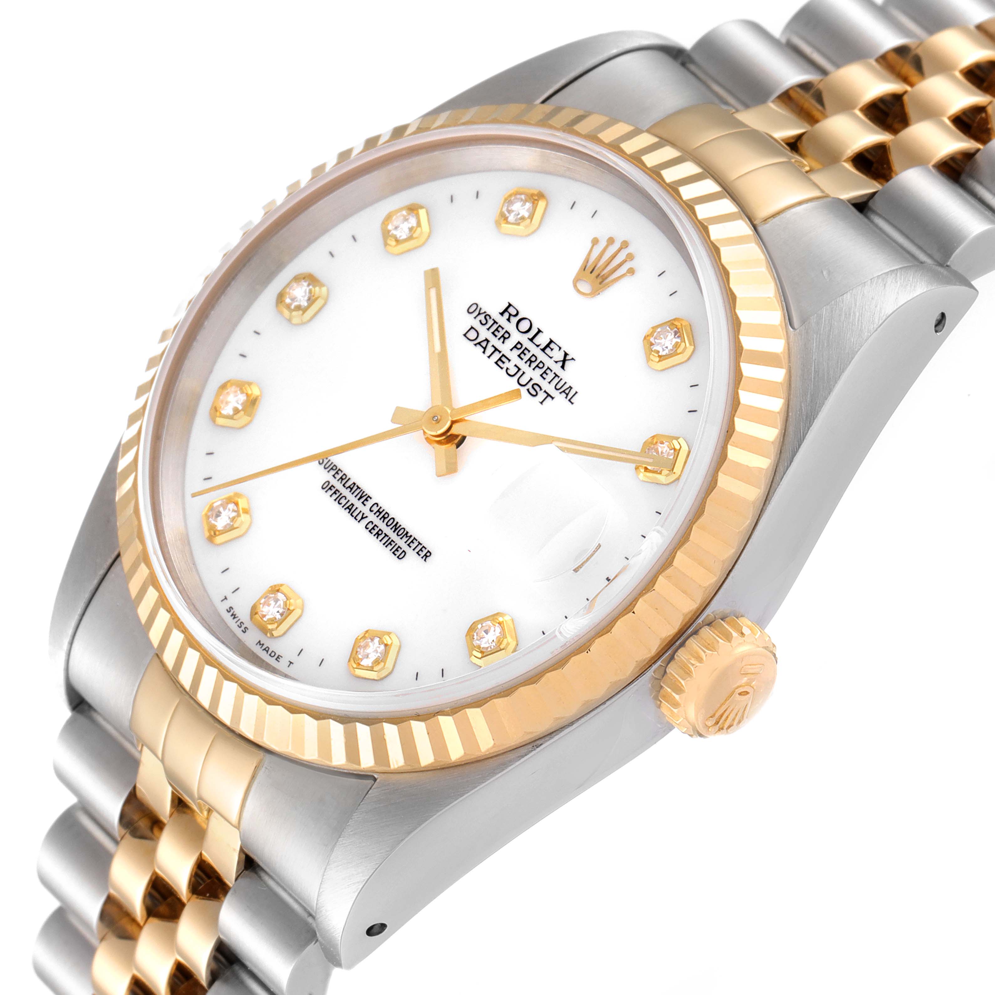 The Rolex Datejust 16233 Men's Steel and Gold (two tone) White Dial 16233 Men's Steel and Gold (two tone) White Dial model watch is shown at an angle highlighting the dial, crown, and part of the bracelet.
