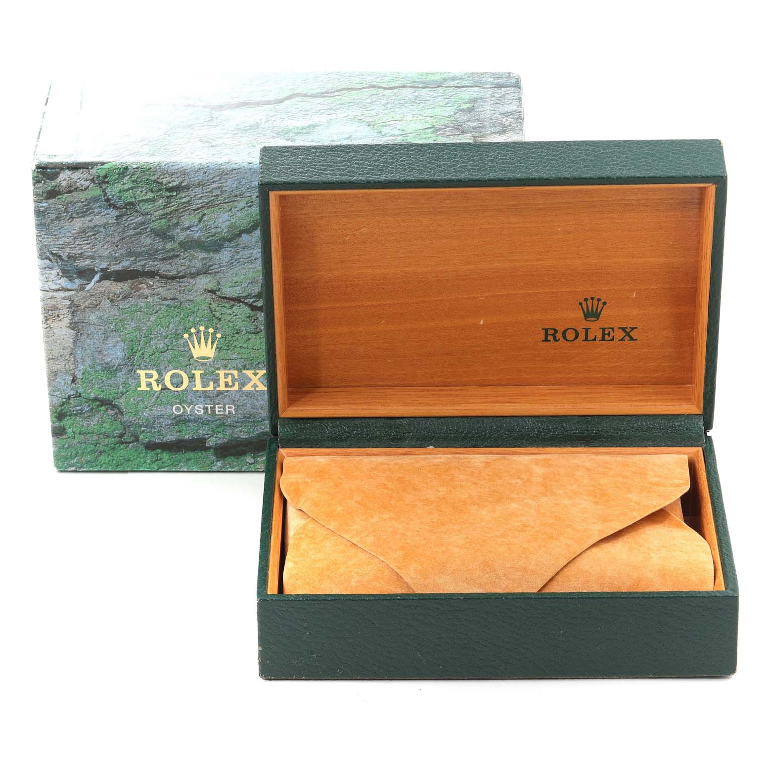 The image shows an open Rolex Datejust 16233 Men's Steel and Gold (two tone) White Dial 16233 Men's Steel and Gold (two tone) White Dial watch box with a green exterior and wooden interior, alongside another box with the "Rolex" logo.