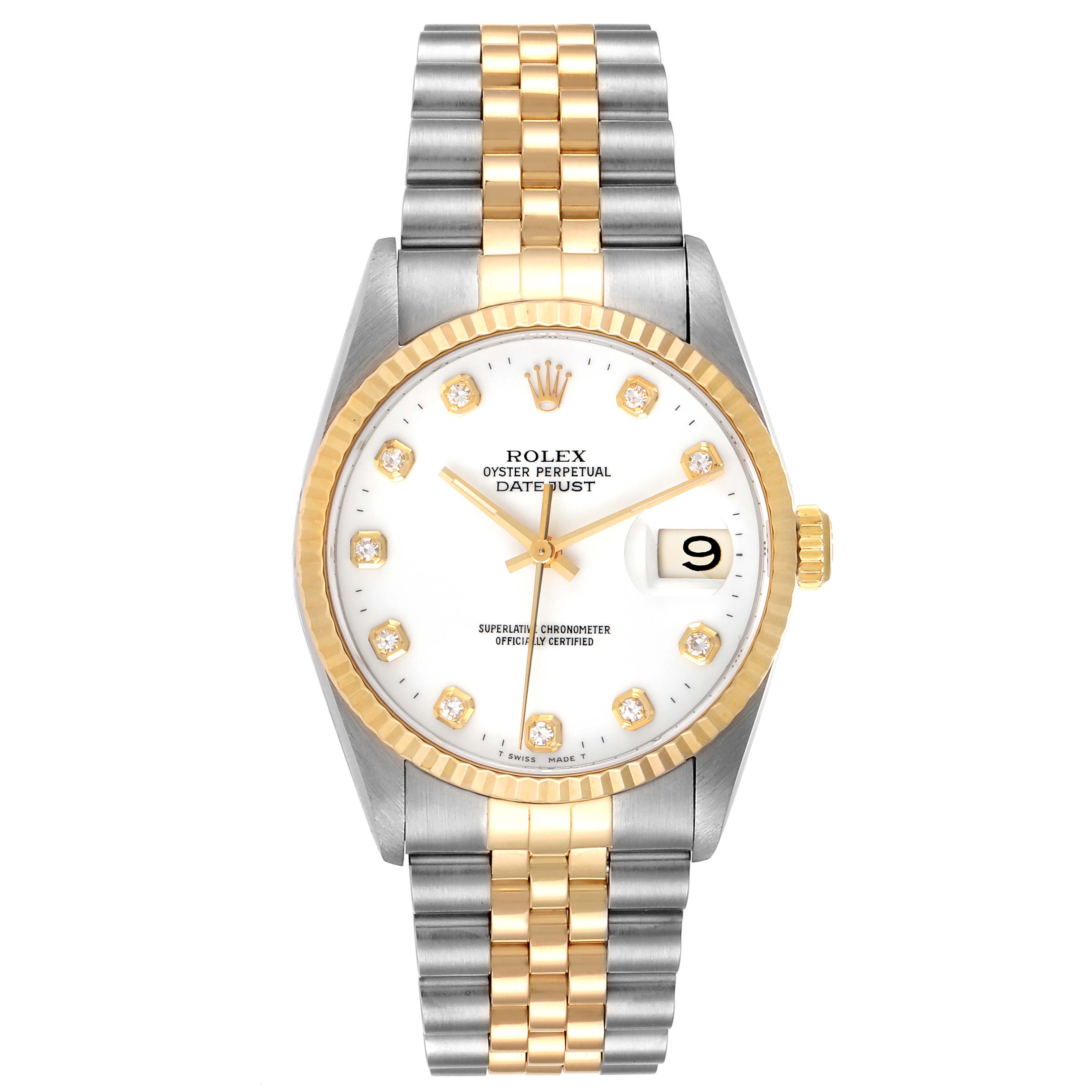 This image shows a front view of a Rolex Datejust 16233 Men's Steel and Gold (two tone) White Dial 16233 Men's Steel and Gold (two tone) White Dial watch, featuring a two-tone band, white dial, and date display.