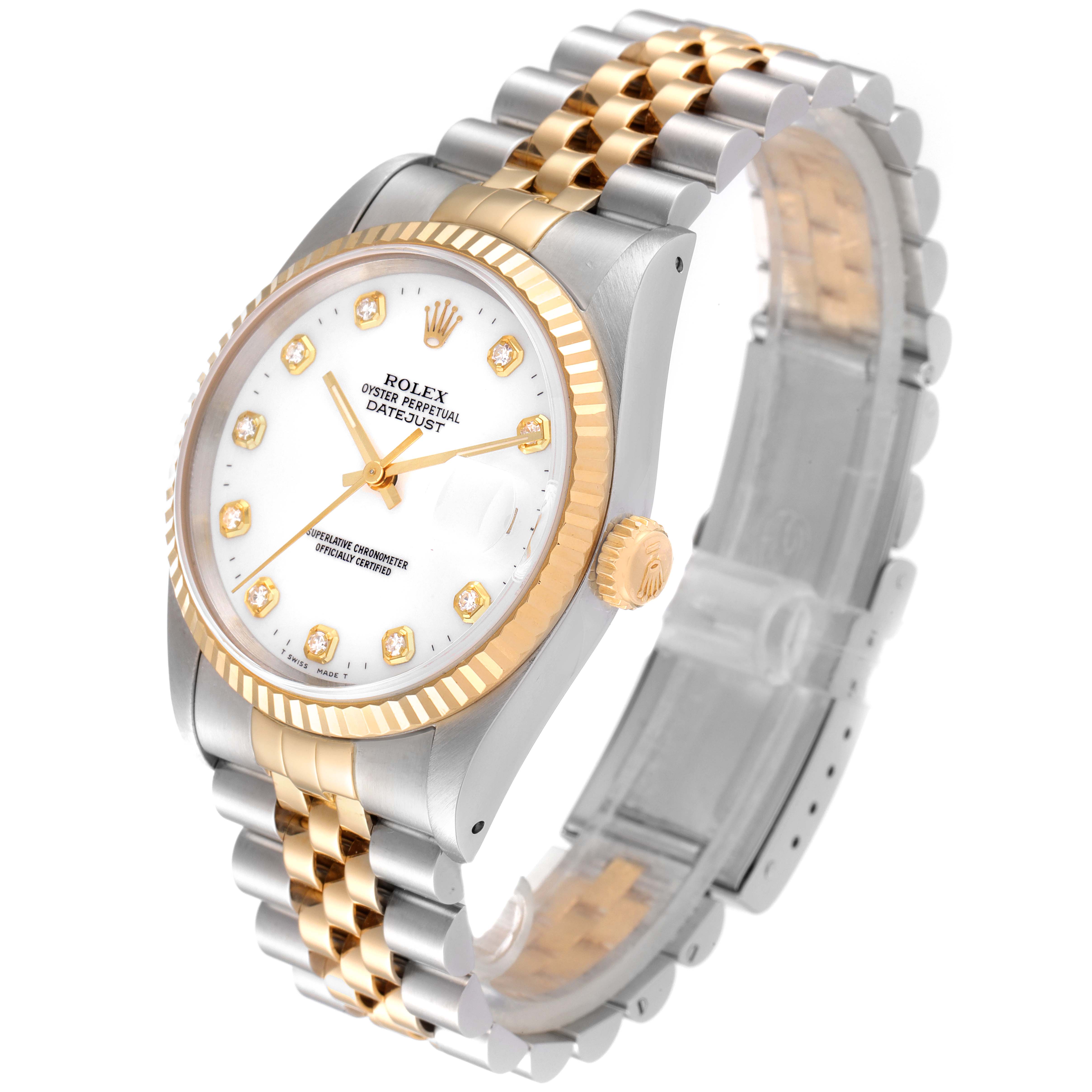 The Rolex Datejust 16233 Men's Steel and Gold (two tone) White Dial 16233 Men's Steel and Gold (two tone) White Dial model watch is shown at a slight angle, displaying its two-tone bracelet, fluted bezel, and face with diamond hour markers.