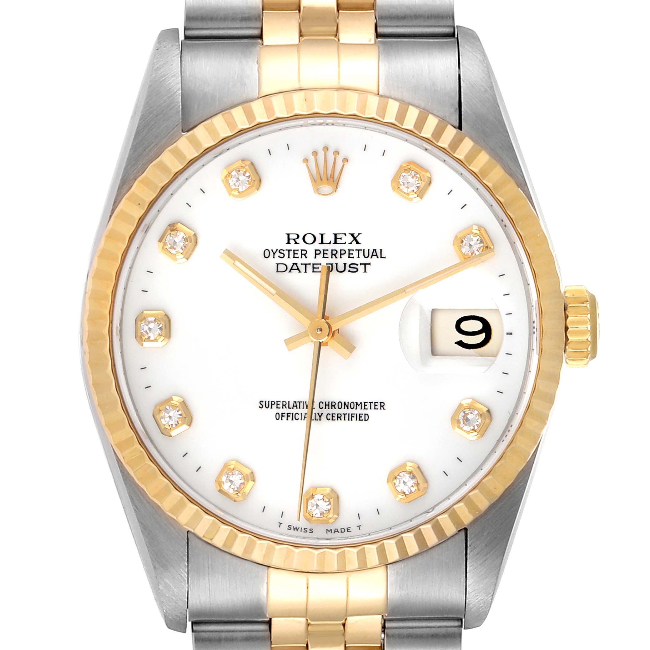 This image shows a frontal view of the Rolex Datejust 16233 Men's Steel and Gold (two tone) White Dial 16233 Men's Steel and Gold (two tone) White Dial watch, displaying the face, bezel, crown, and part of the bracelet.