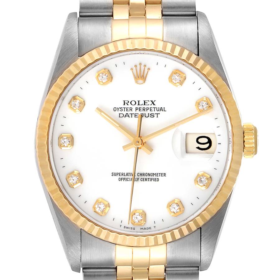 This image shows a frontal view of the Rolex Datejust watch, displaying the face, bezel, crown, and part of the bracelet.