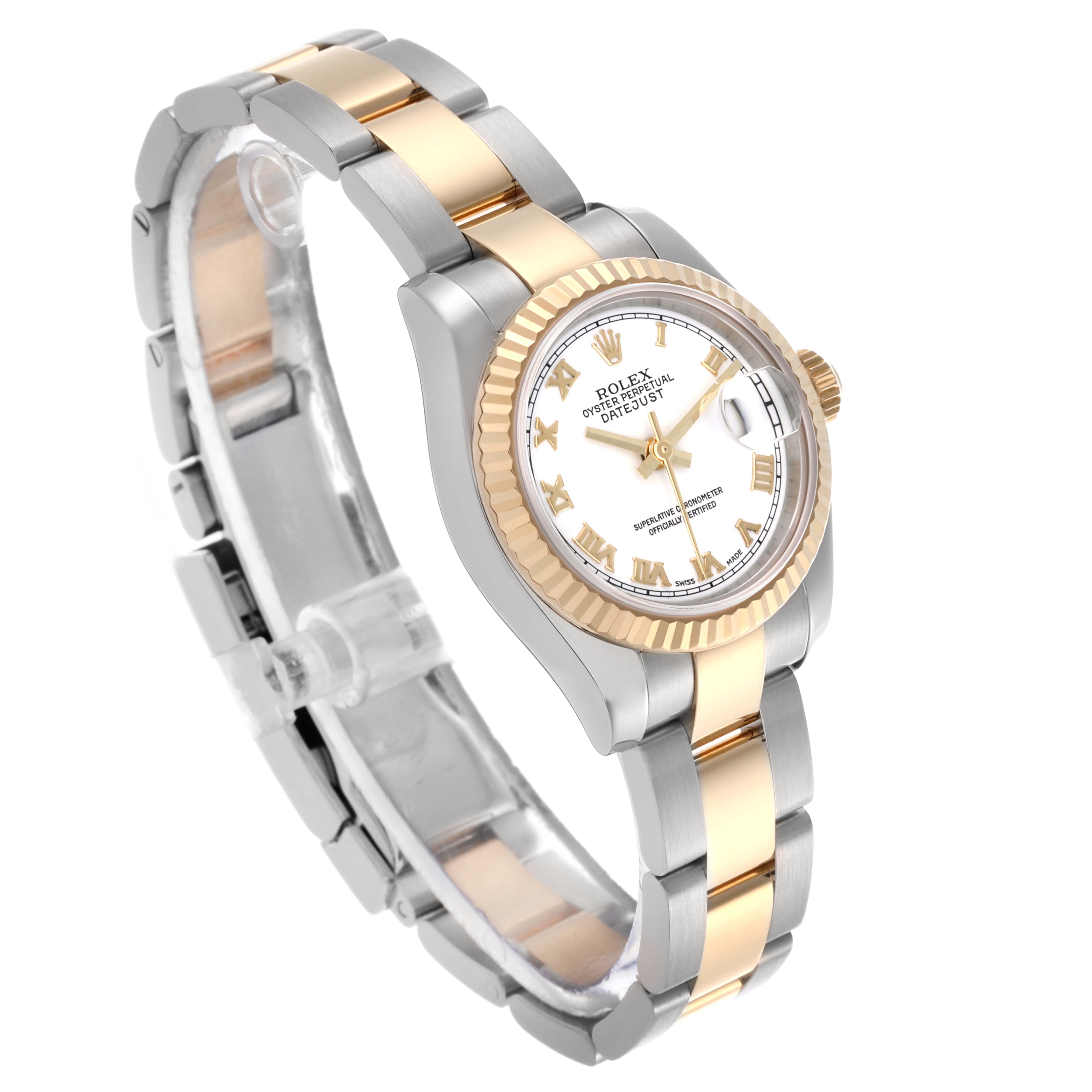 The Rolex Datejust 179173 Women's Steel and Gold (two tone) White Dial 179173 Women's Steel and Gold (two tone) White Dial watch is shown at a three-quarter angle, highlighting the two-tone bracelet, fluted bezel, and dial.