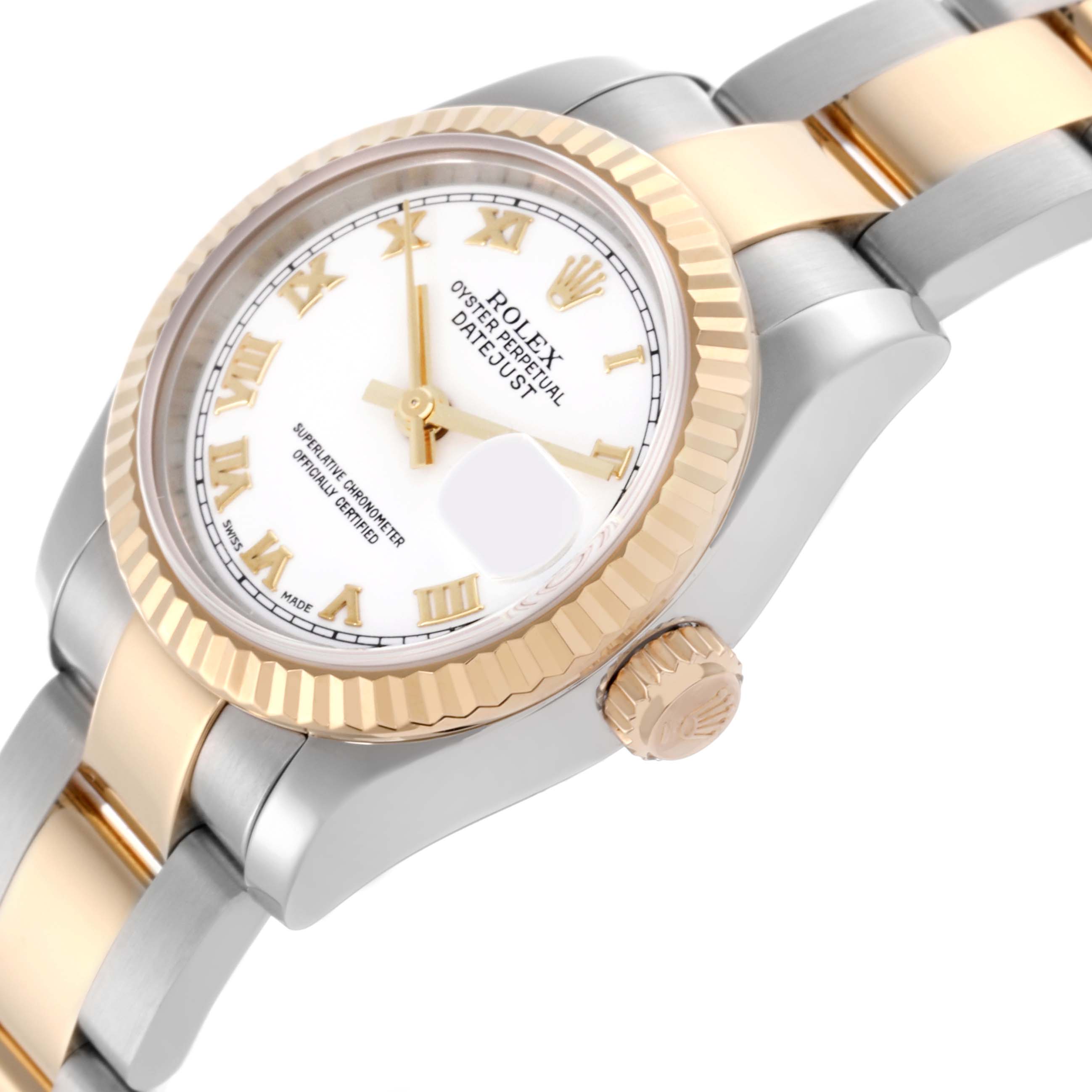 The Rolex Datejust 179173 Women's Steel and Gold (two tone) White Dial 179173 Women's Steel and Gold (two tone) White Dial watch is shown at an angle highlighting the bezel, dial, crown, and part of the bracelet.