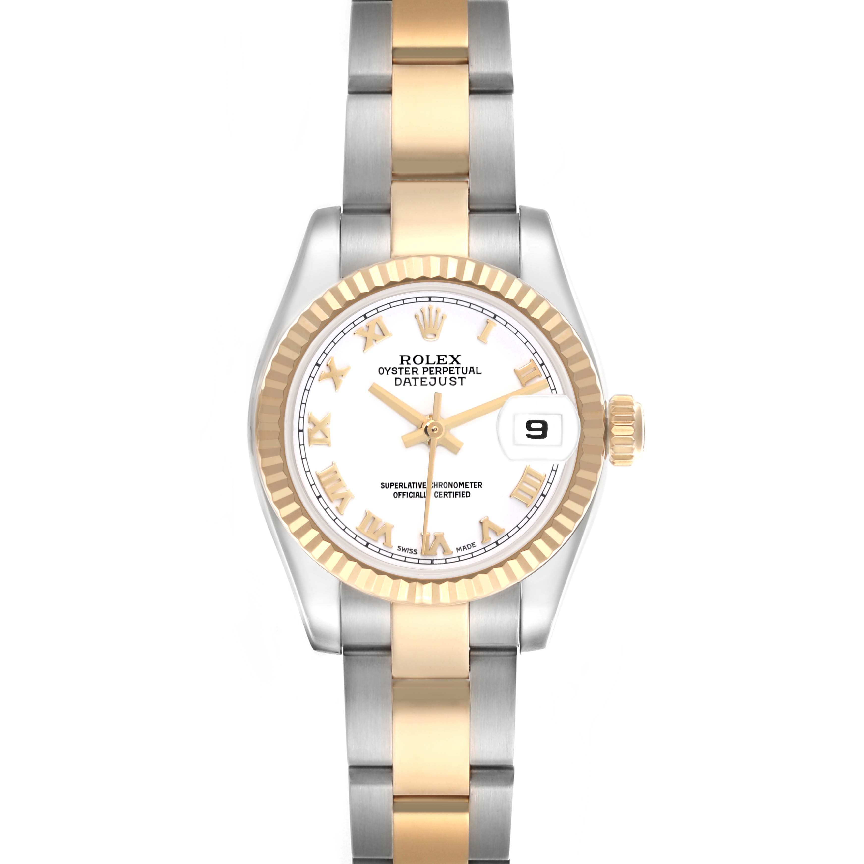 The Rolex Datejust 179173 Women's Steel and Gold (two tone) White Dial 179173 Women's Steel and Gold (two tone) White Dial watch is shown from the front, highlighting the dial, fluted bezel, and two-toned bracelet.
