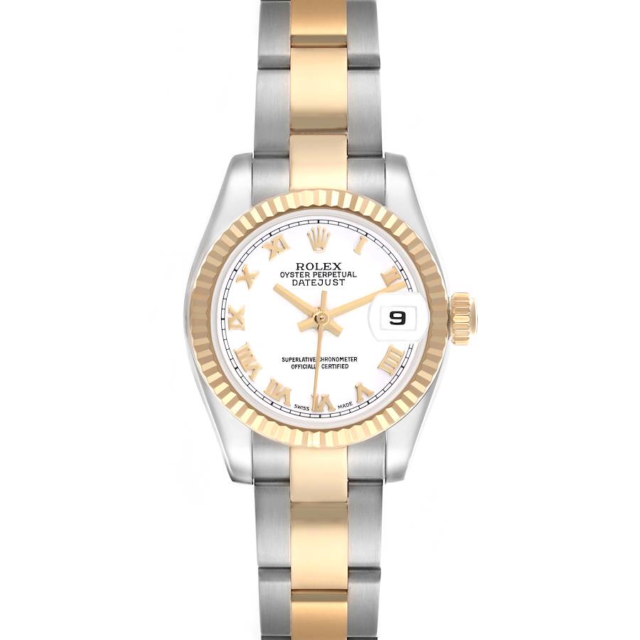 The Rolex Datejust watch is shown from the front, highlighting the dial, fluted bezel, and two-toned bracelet.