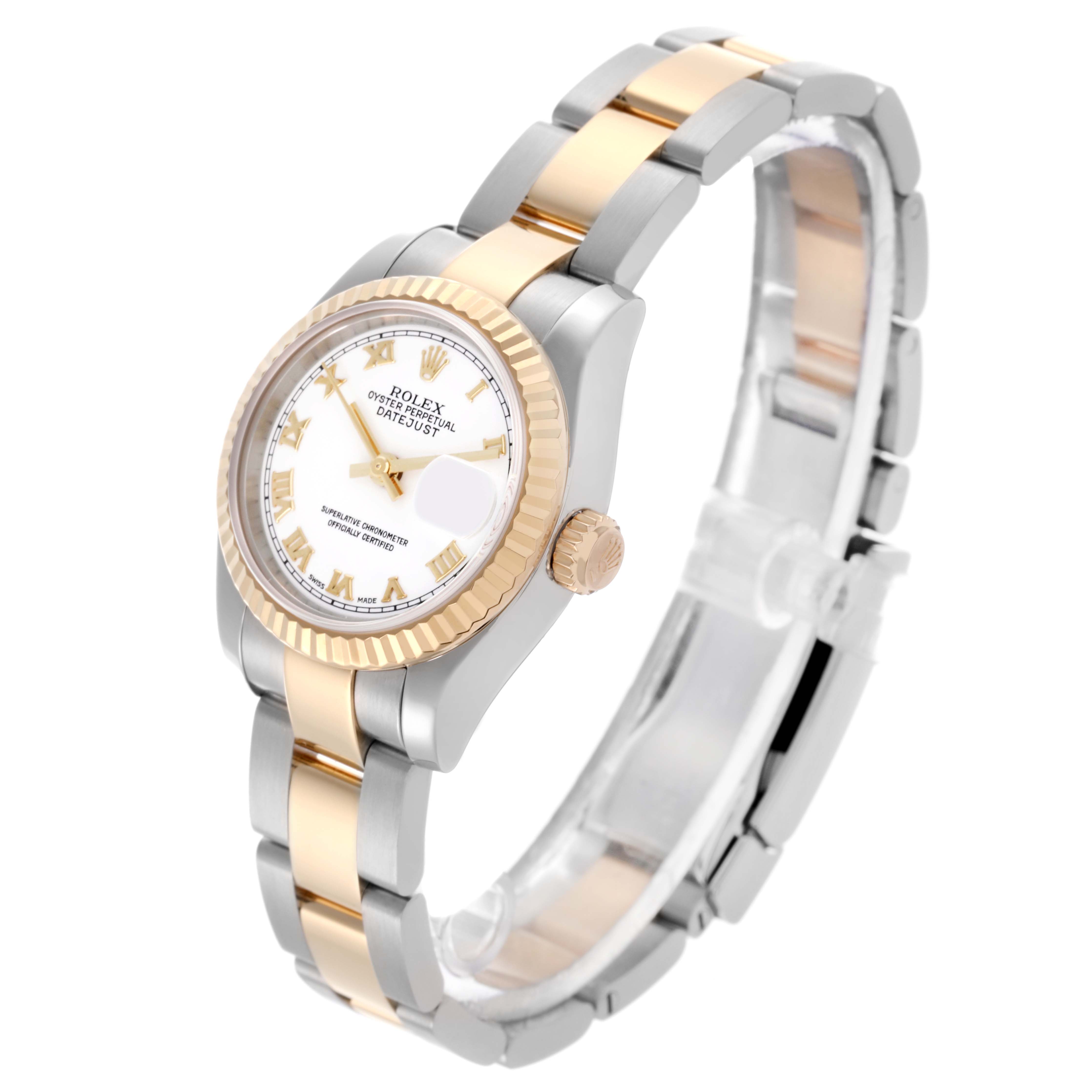 The Rolex Datejust 179173 Women's Steel and Gold (two tone) White Dial 179173 Women's Steel and Gold (two tone) White Dial watch is shown at a three-quarter angle, displaying the face, bezel, crown, and part of the bracelet.