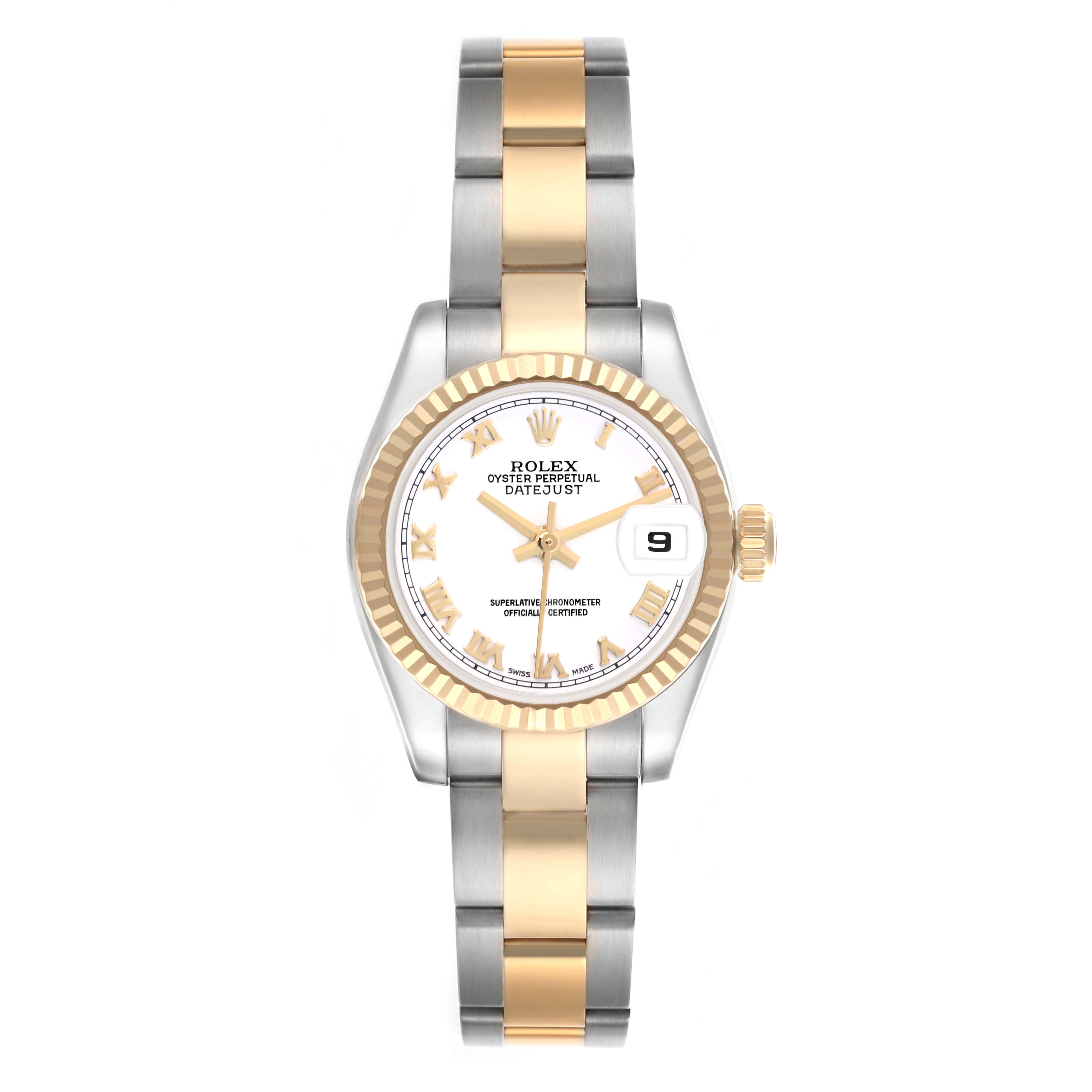 The Rolex Datejust 179173 Women's Steel and Gold (two tone) White Dial 179173 Women's Steel and Gold (two tone) White Dial watch is shown from a top-down angle, displaying the face, bezel, and bracelet clearly.