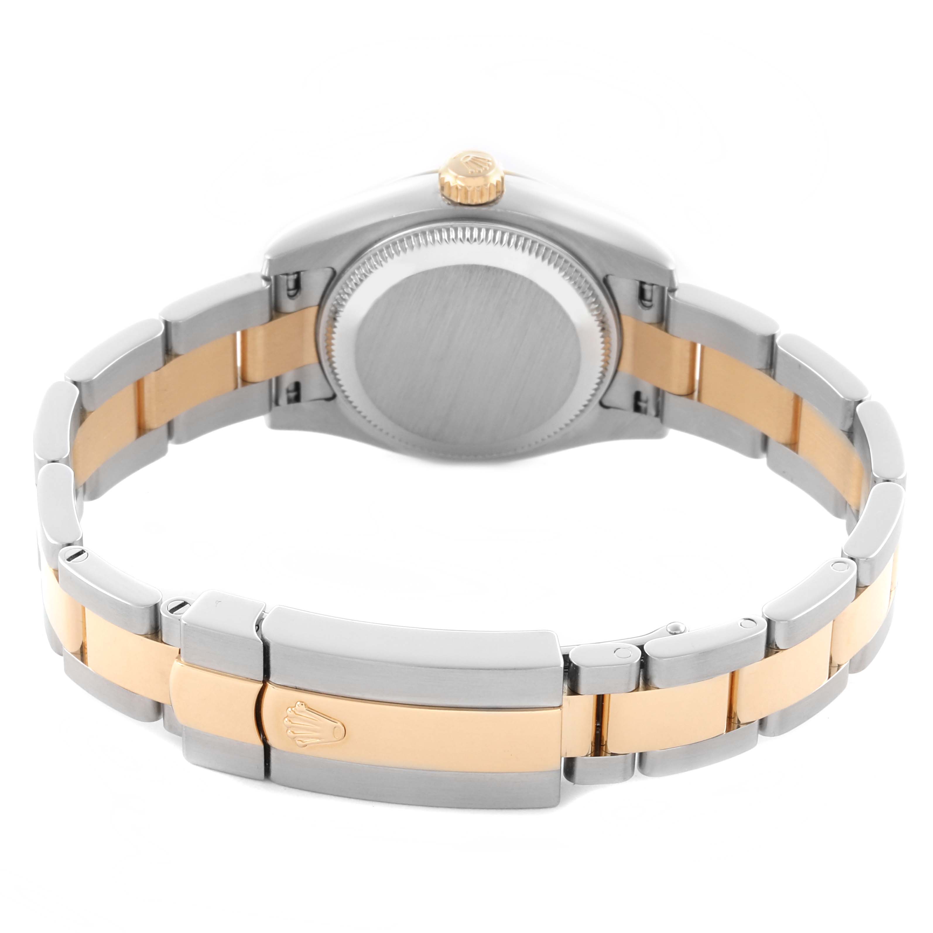 The Rolex Datejust 179173 Women's Steel and Gold (two tone) White Dial 179173 Women's Steel and Gold (two tone) White Dial watch is shown from the back, highlighting its case back, crown, and two-tone bracelet with a clasp.