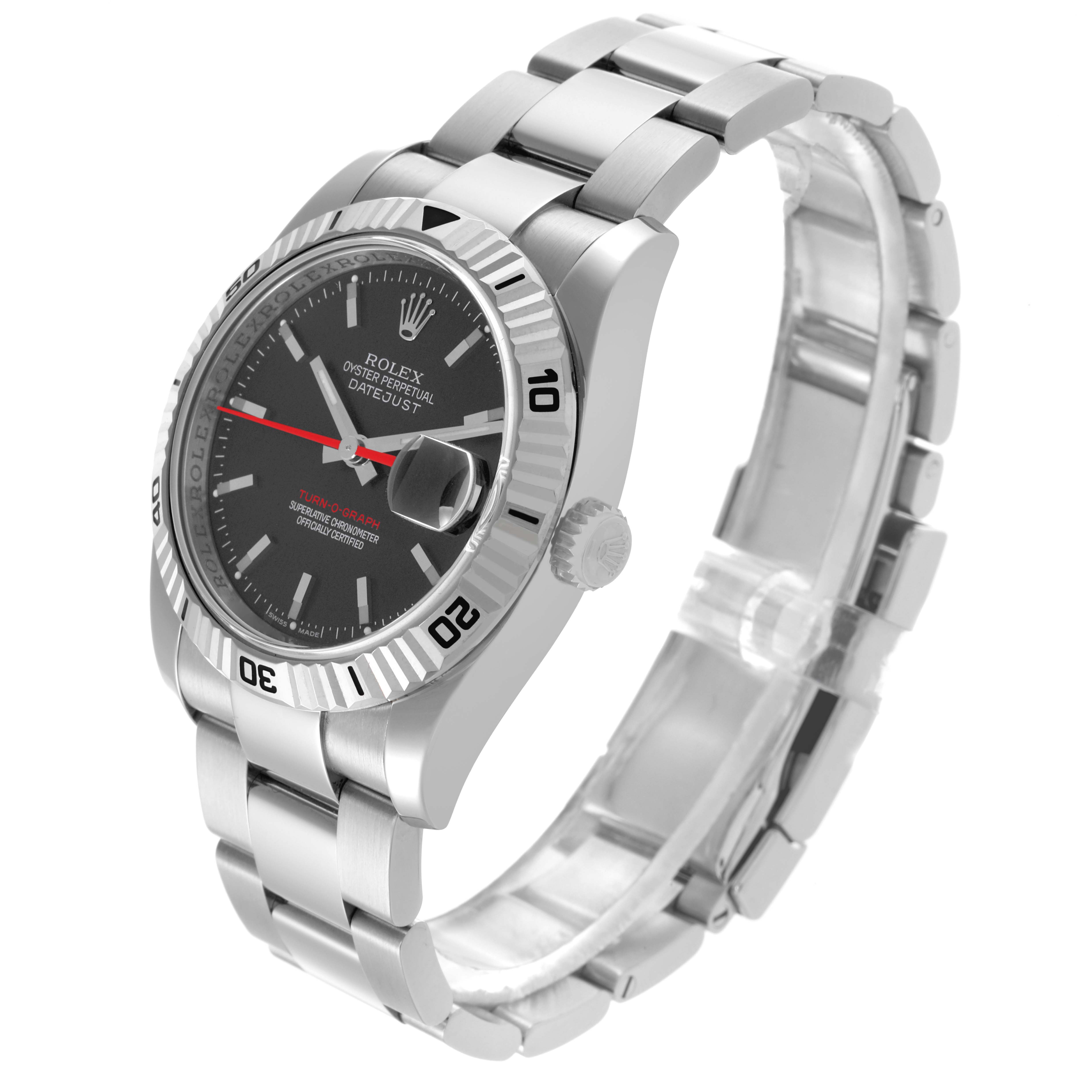 The Rolex Turn-o-Graph 116264 Men's Stainless Steel Black Dial 116264 Men's Stainless Steel Black Dial watch is shown at a three-quarter angle, displaying the bezel, dial, bracelet, and crown.