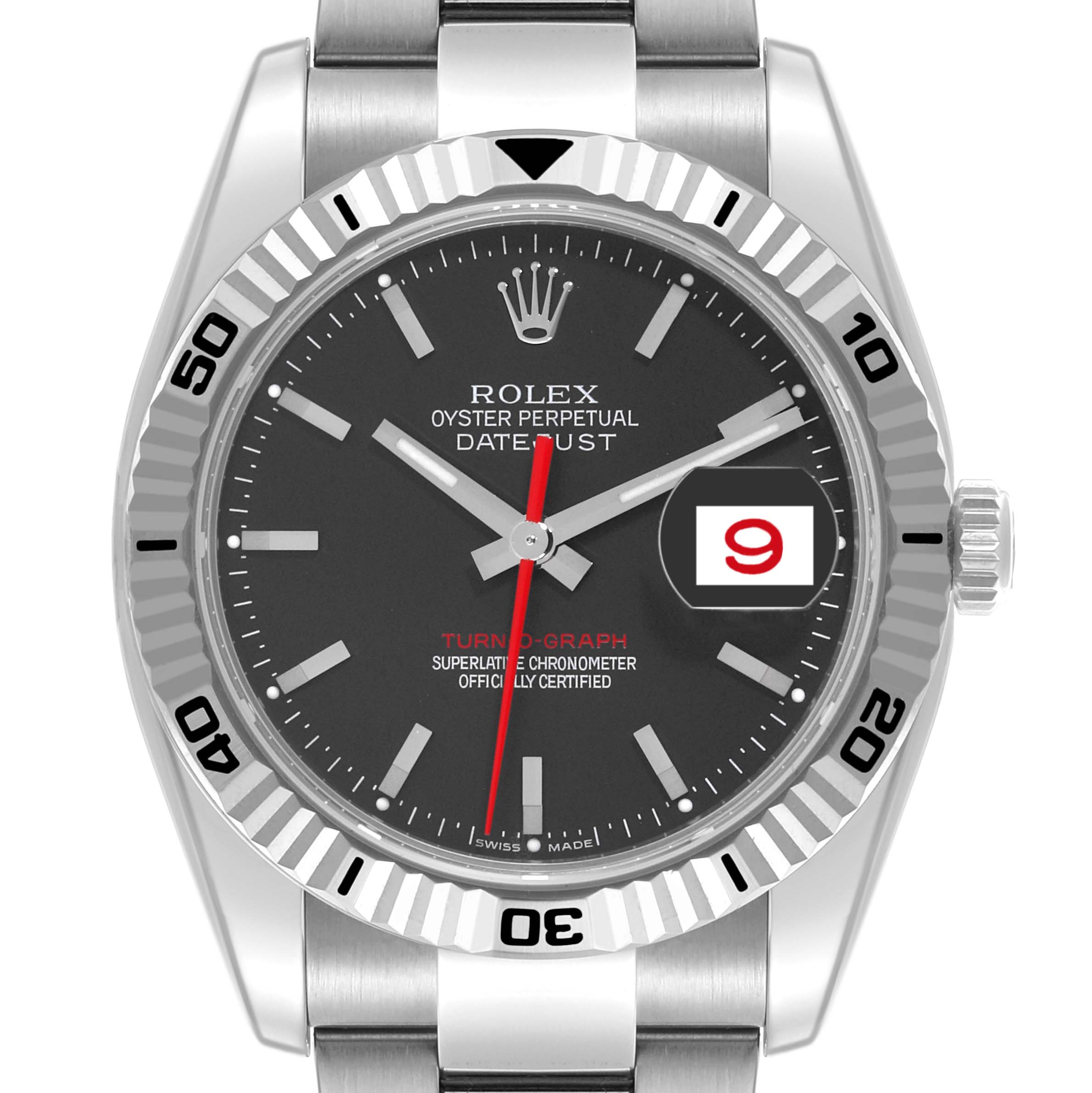 The Rolex Turn-o-Graph 116264 Men's Stainless Steel Black Dial 116264 Men's Stainless Steel Black Dial watch is shown from a front angle, displaying the dial, bezel, and part of the bracelet.