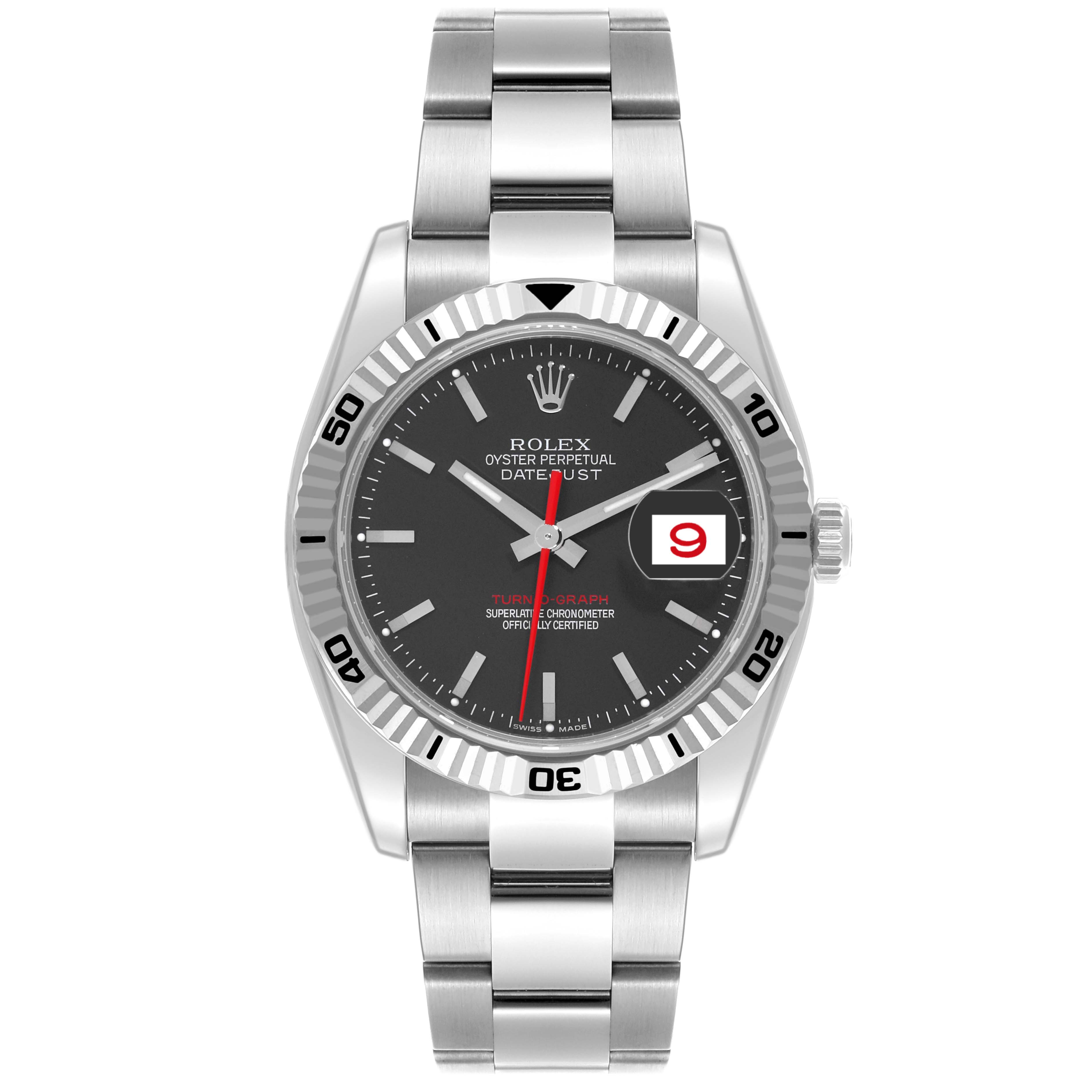 The Rolex Turn-o-Graph 116264 Men's Stainless Steel Black Dial 116264 Men's Stainless Steel Black Dial watch is shown from the front, featuring its face, bezel, crown, and bracelet.