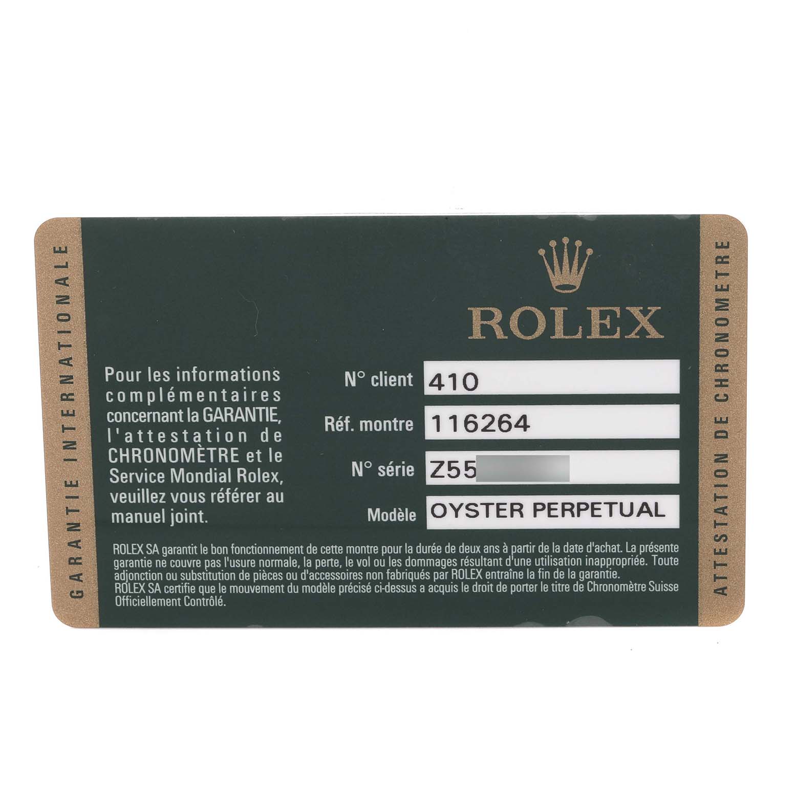 The image shows a warranty card for a Rolex Turn-o-Graph 116264 Men's Stainless Steel Black Dial 116264 Men's Stainless Steel Black Dial model, displaying details like client number, reference number, and model name.