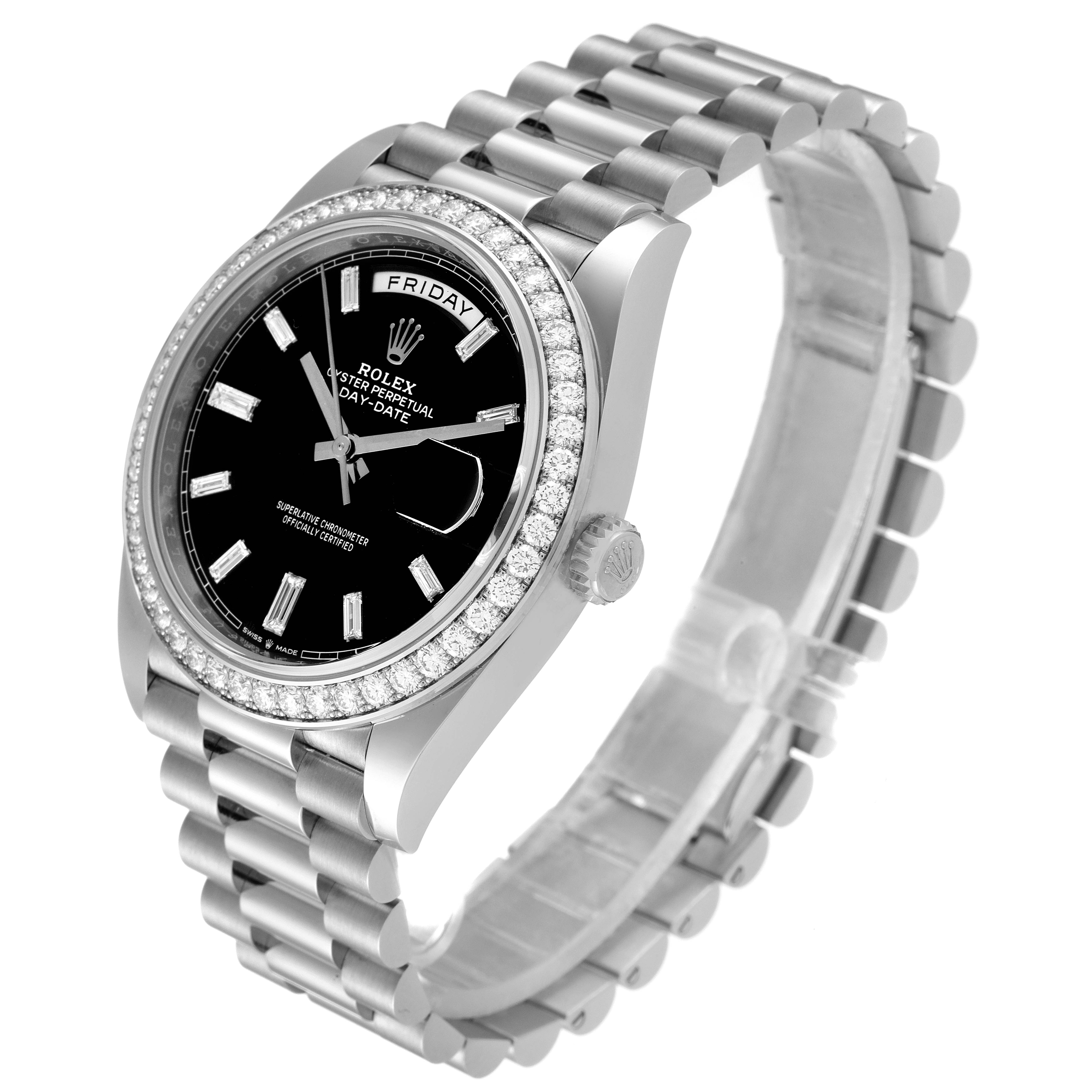 The Rolex President 228349RBR Men's White Gold Black Dial 228349RBR Men's White Gold Black Dial watch is shown at a three-quarter angle, displaying its dial, bezel, bracelet, and crown.