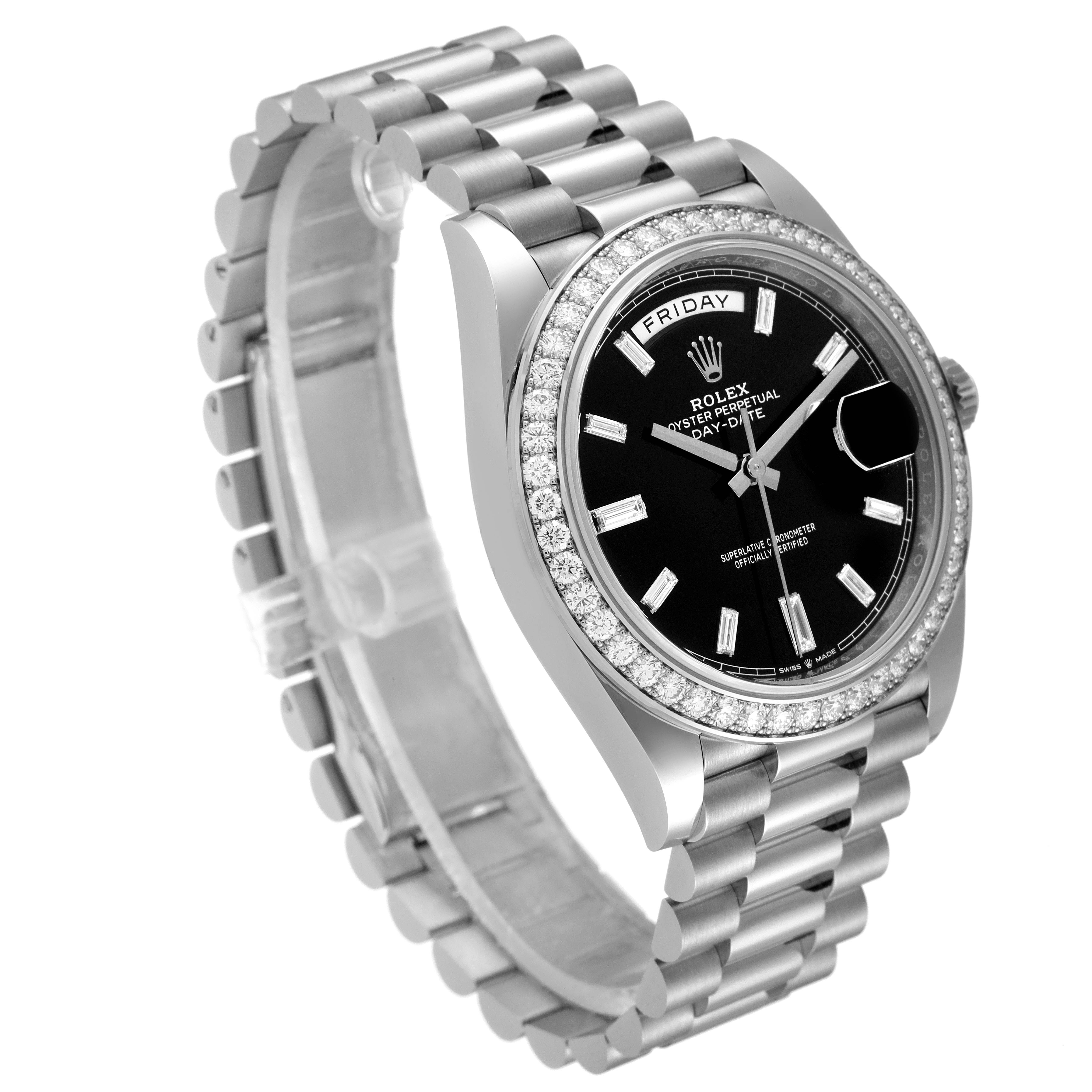 This image shows a Rolex President 228349RBR Men's White Gold Black Dial 228349RBR Men's White Gold Black Dial model watch at a slight angle, highlighting the bracelet, dial, and diamond-encrusted bezel.