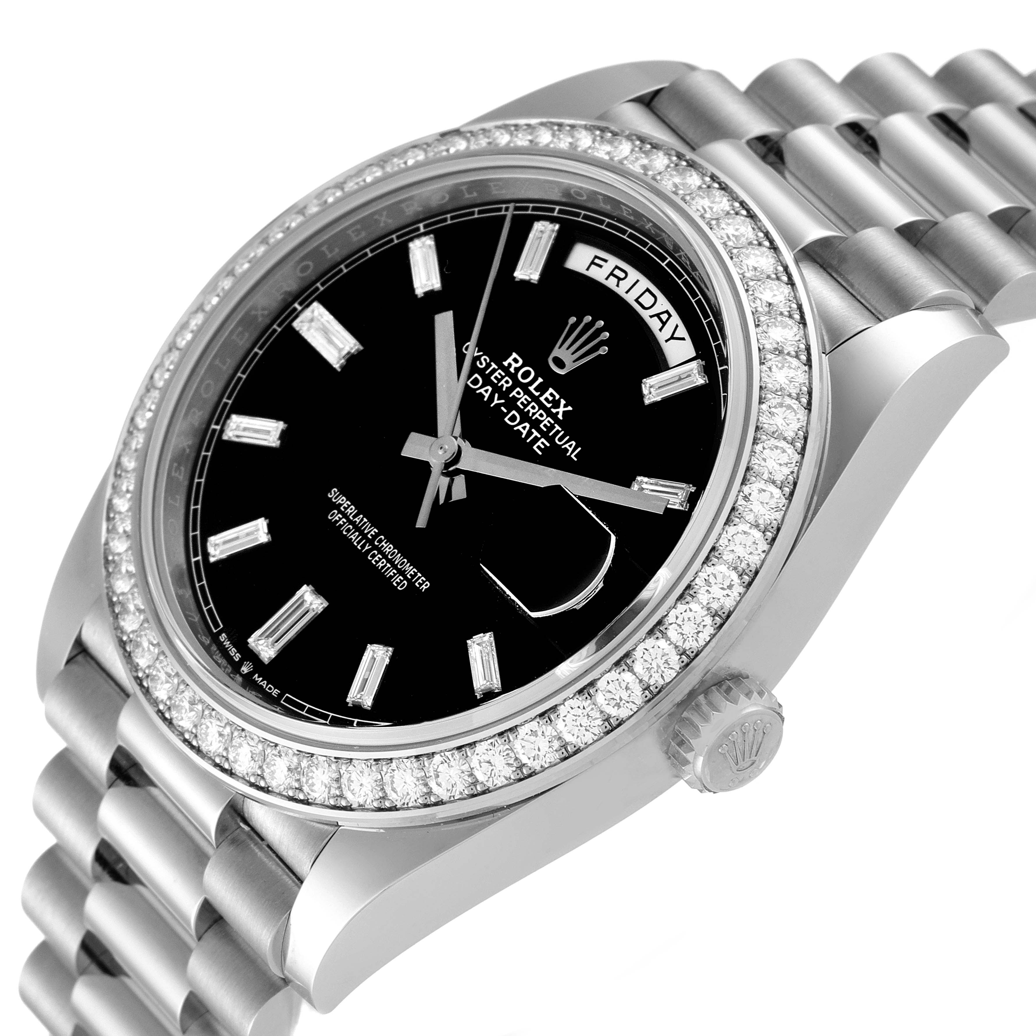 The image shows a Rolex President 228349RBR Men's White Gold Black Dial 228349RBR Men's White Gold Black Dial model watch at an oblique angle highlighting its dial, bezel, and part of the bracelet.