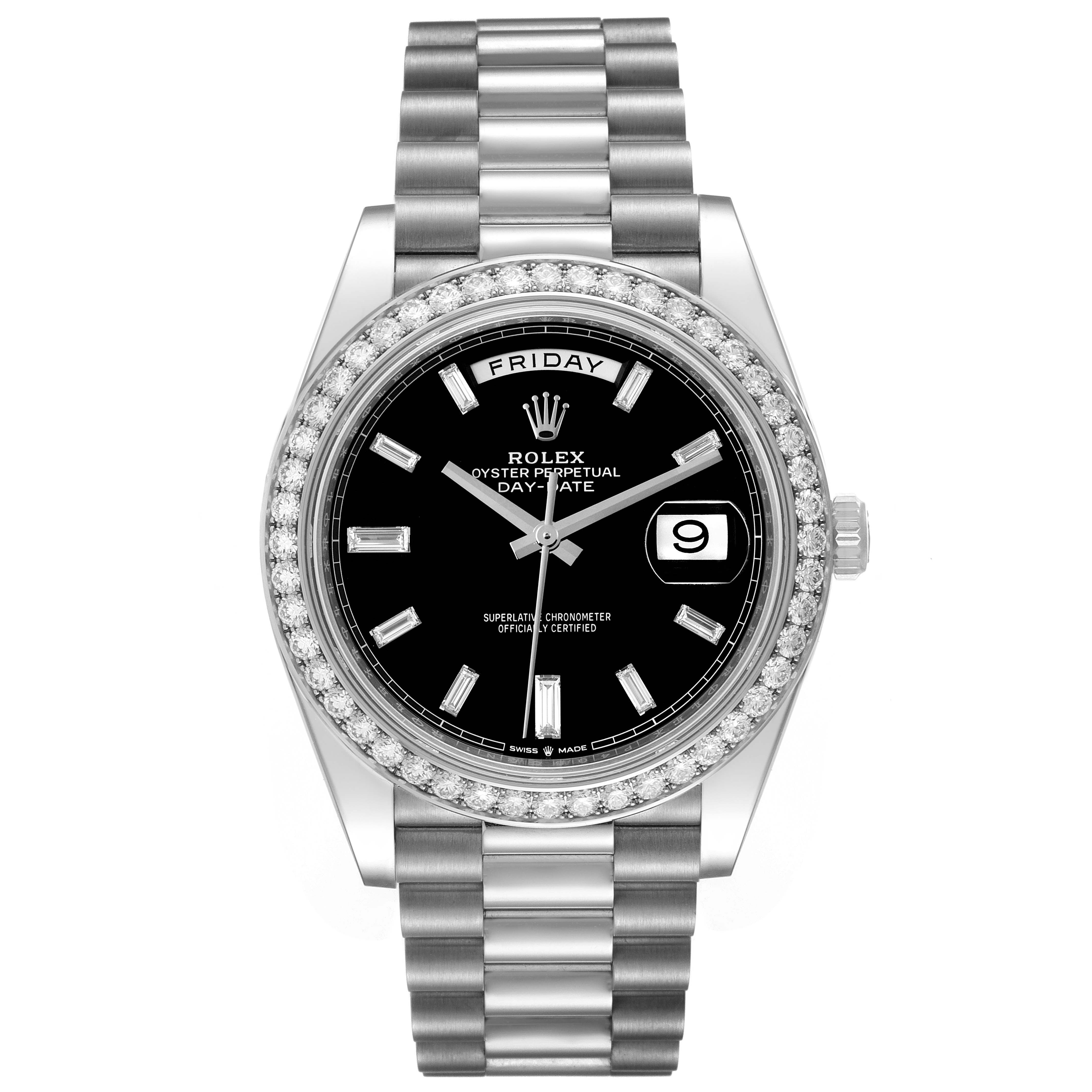 This image shows a frontal view of a Rolex President 228349RBR Men's White Gold Black Dial 228349RBR Men's White Gold Black Dial model watch with a black dial, diamond bezel, and metal bracelet.
