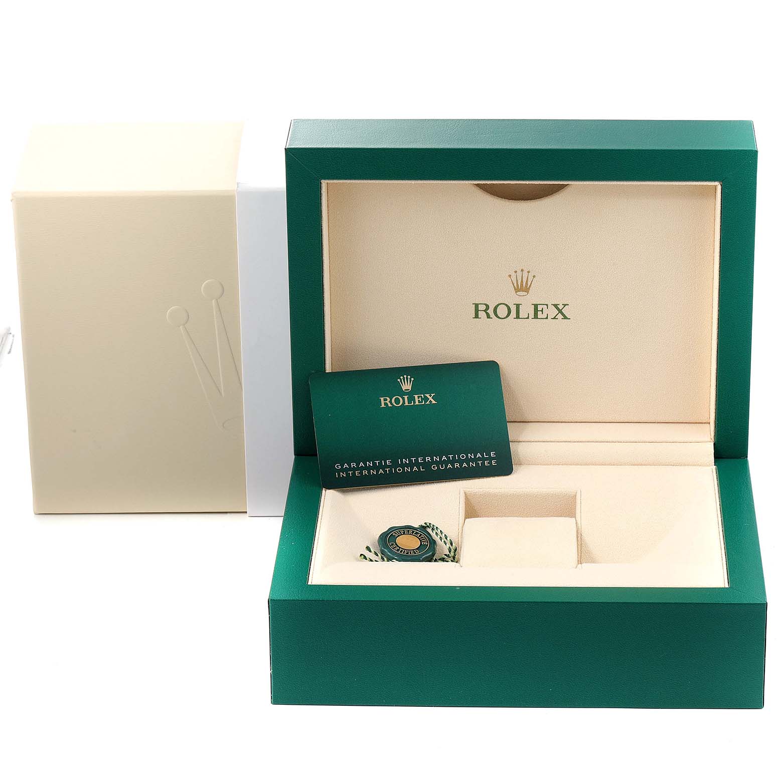 The image shows the open box, warranty card, and tag of a Rolex President 228349RBR Men's White Gold Black Dial 228349RBR Men's White Gold Black Dial model.