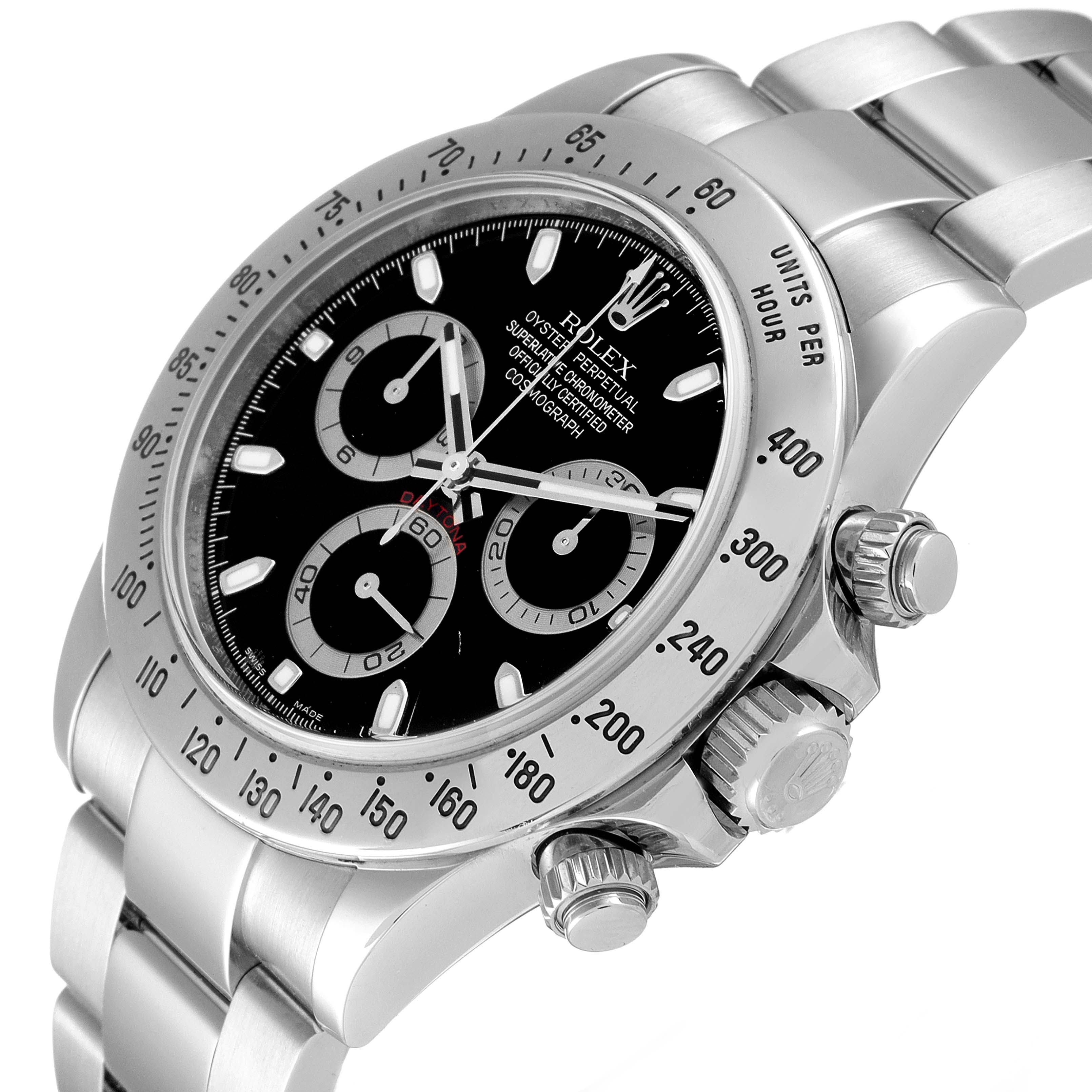 This image shows a close-up angle of the Rolex Daytona 116520 Men's Stainless Steel Black Dial 116520 Men's Stainless Steel Black Dial watch, highlighting its dial, bezel, and crown.