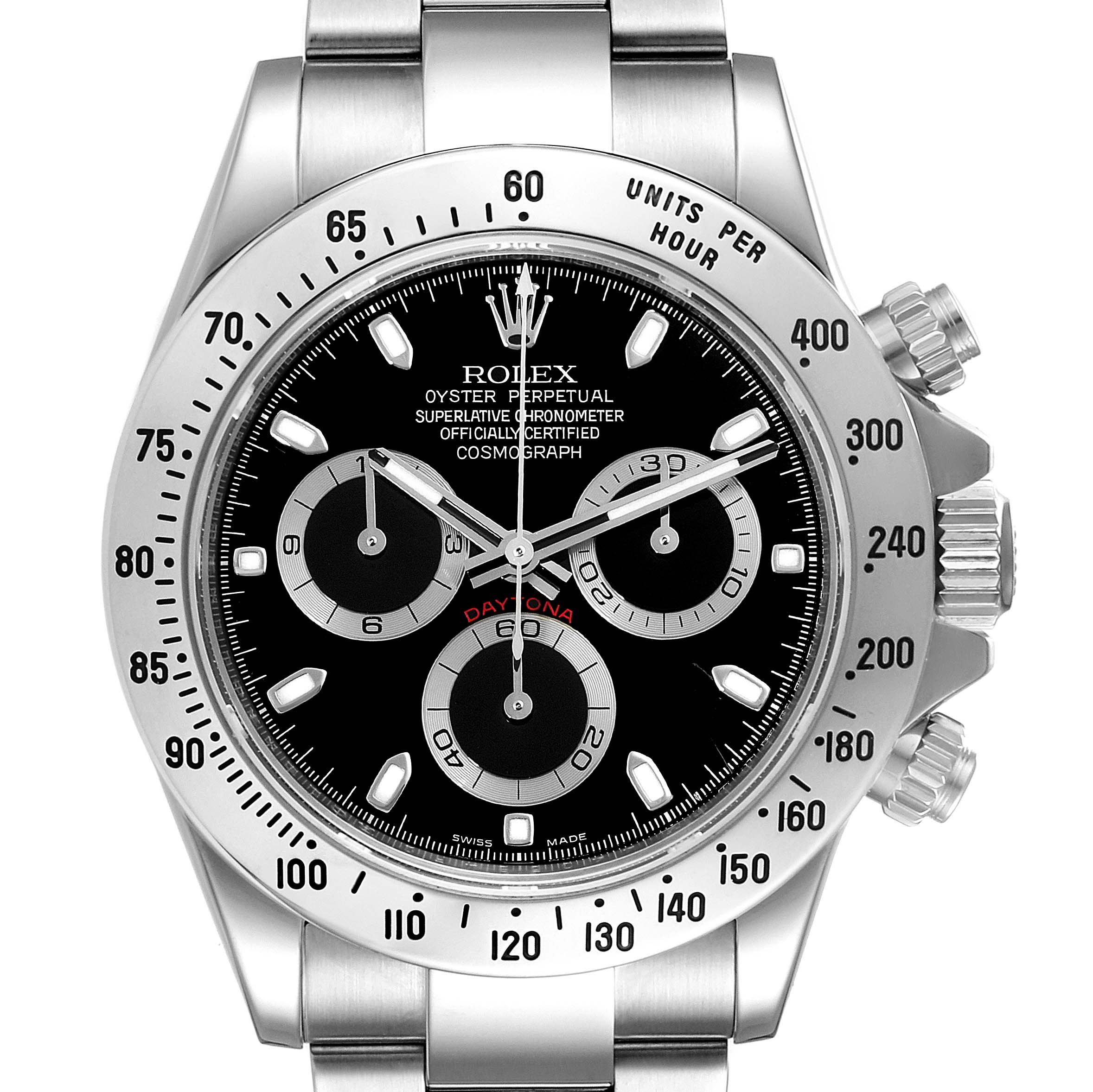 This image shows a front angle of a Rolex Daytona 116520 Men's Stainless Steel Black Dial 116520 Men's Stainless Steel Black Dial watch, highlighting its dial, subdials, bezel, and crown.