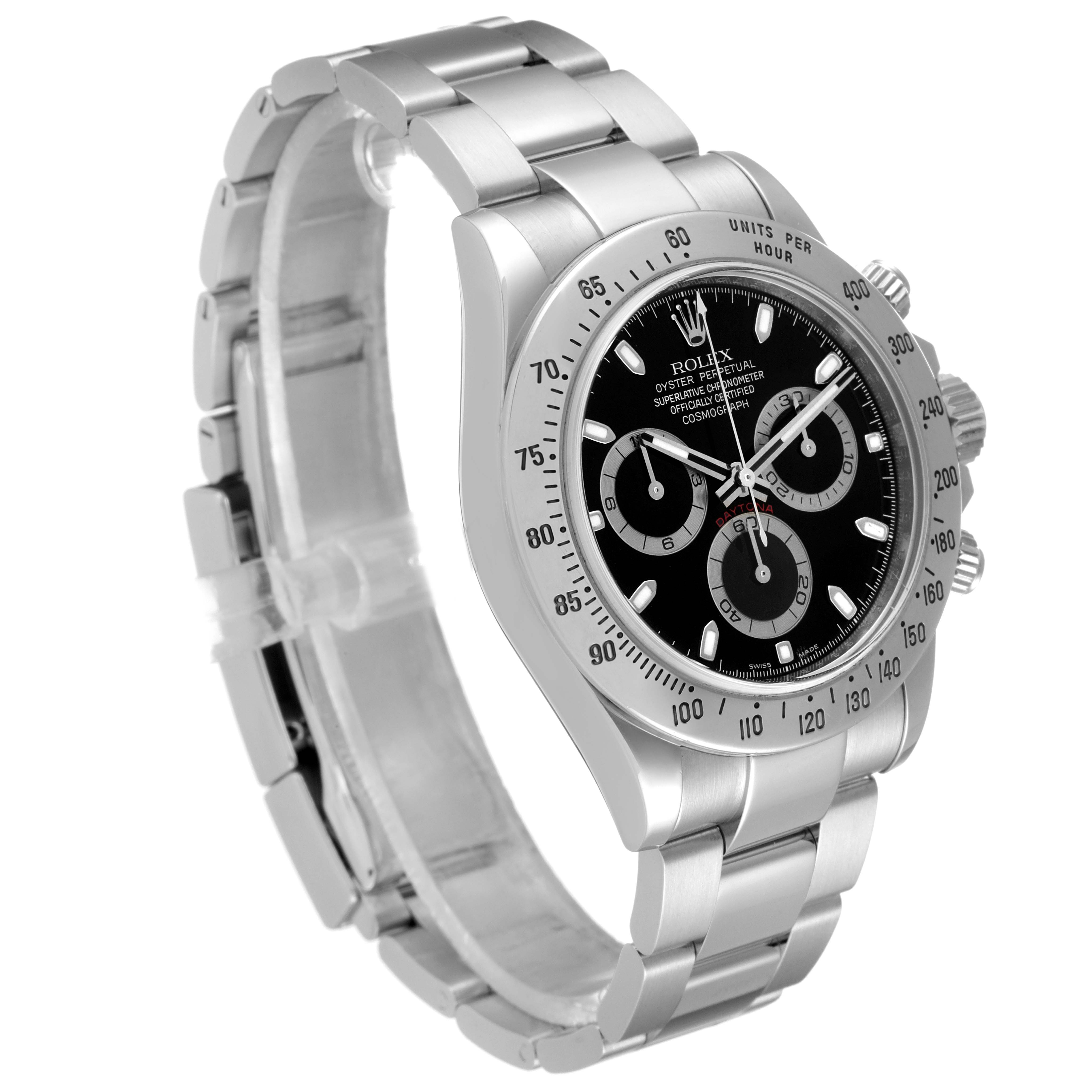 This image shows a Rolex Daytona 116520 Men's Stainless Steel Black Dial 116520 Men's Stainless Steel Black Dial watch from a side angle, highlighting the bracelet, case, bezel, and dial with subdials.