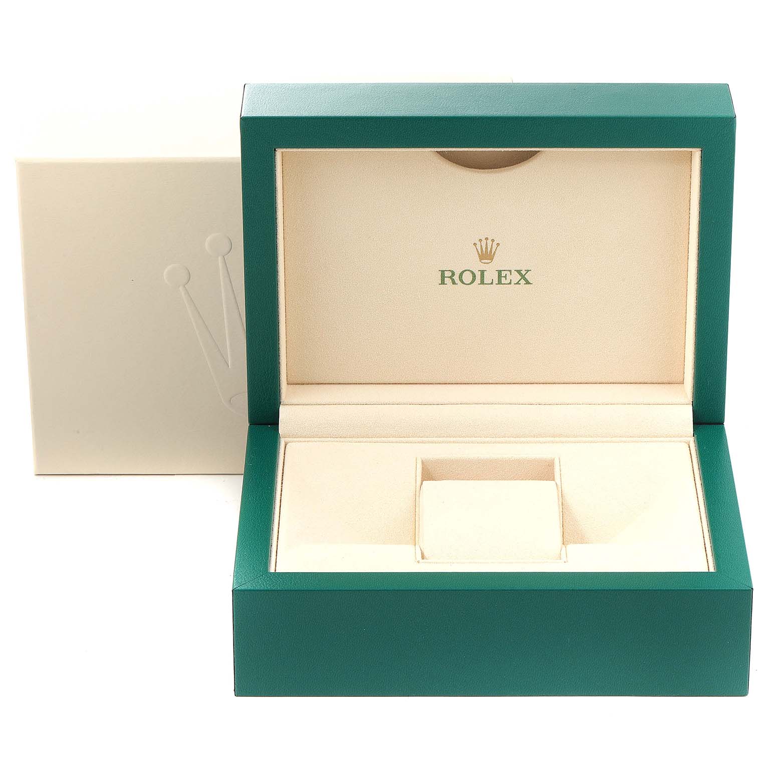 The image shows a green Rolex Daytona 116520 Men's Stainless Steel Black Dial 116520 Men's Stainless Steel Black Dial watch box, open to reveal a cream-colored interior with a Rolex logo and a slot for the watch.