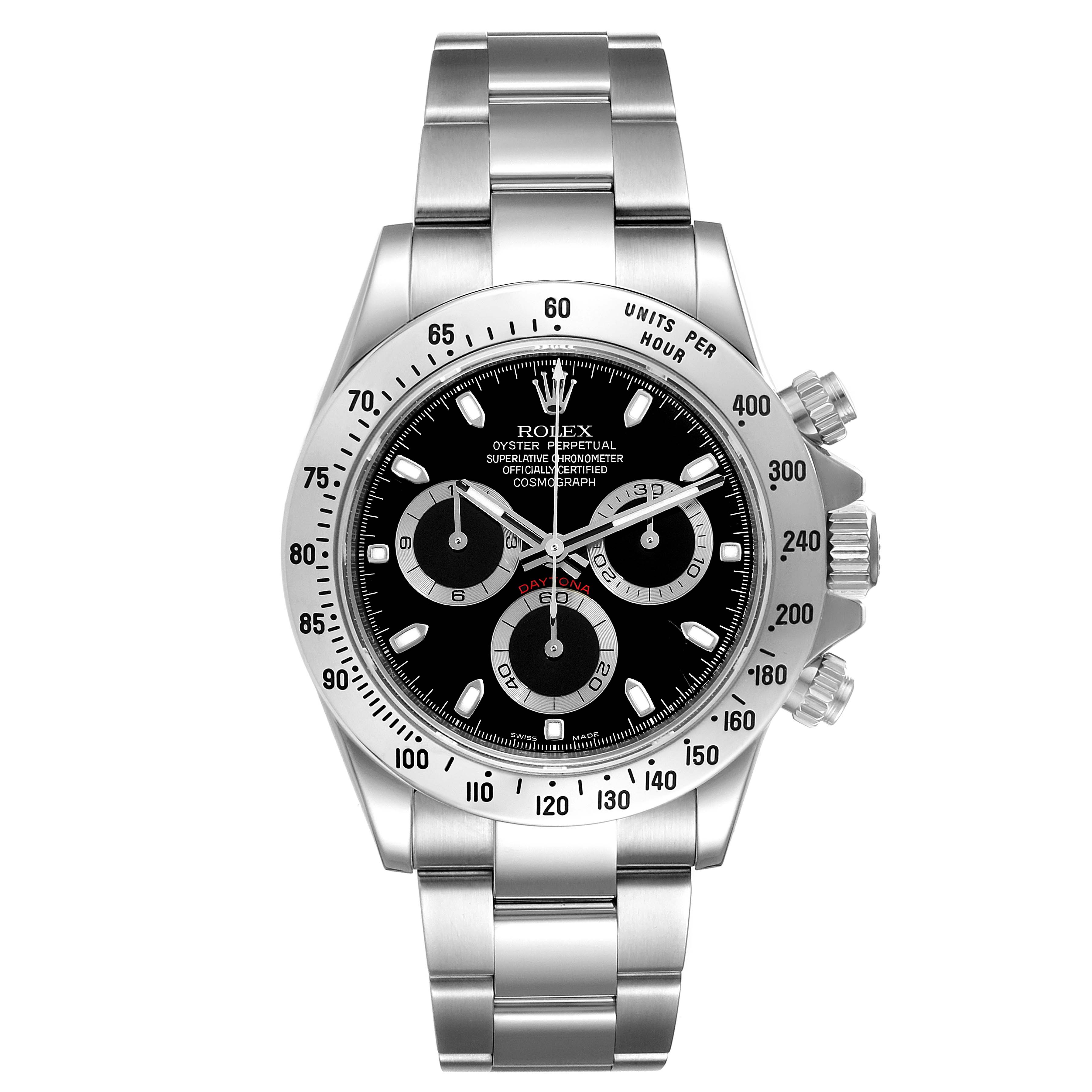 The image shows a front view of a Rolex Daytona 116520 Men's Stainless Steel Black Dial 116520 Men's Stainless Steel Black Dial watch featuring a black dial, silver bracelet, and bezel with tachymetric scale.