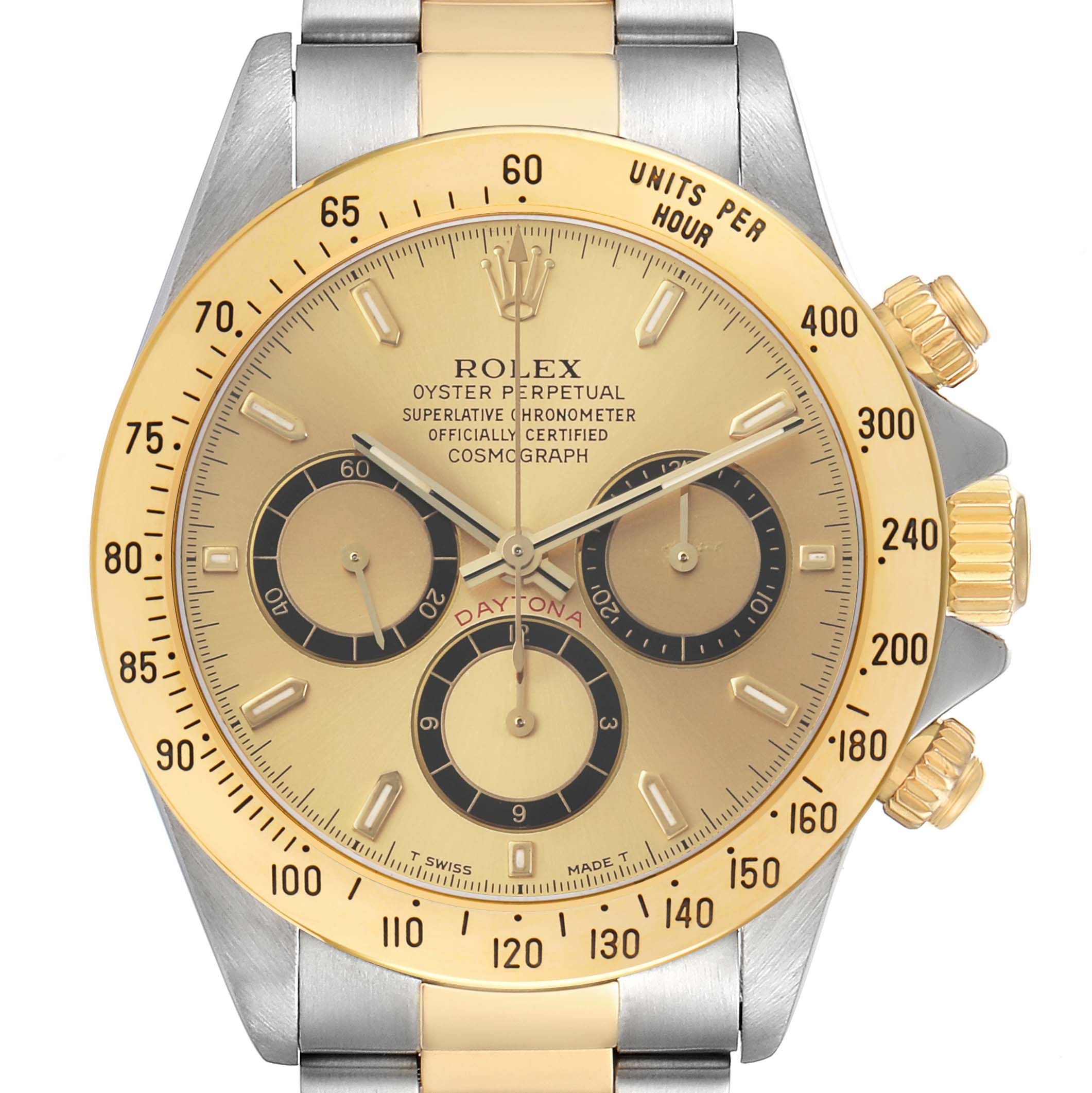 The Rolex Daytona 16523 Men's Steel and Gold (two tone) Champagne Dial watch is shown from the front, highlighting its dial, bezel, and crown.