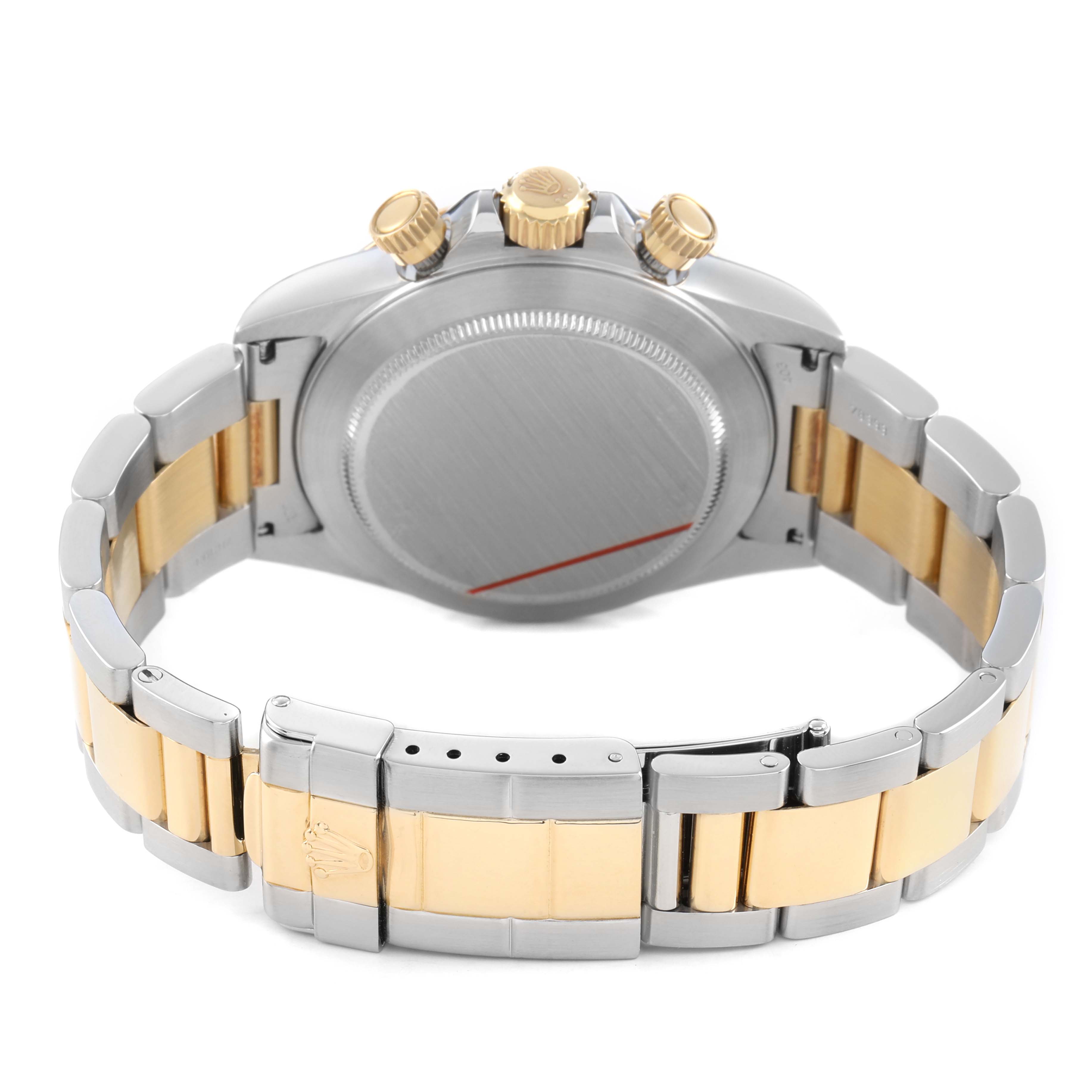 The image shows the back and bracelet of a Rolex Daytona 16523 Men's Steel and Gold (two tone) Champagne Dial watch, highlighting its gold and silver-tone materials and clasp.