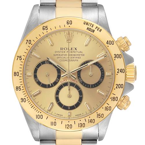 The Rolex Daytona 16523 Men's Steel and Gold (two tone) Champagne Dial watch is shown from a front angle, highlighting the dial, bezel, and crown.