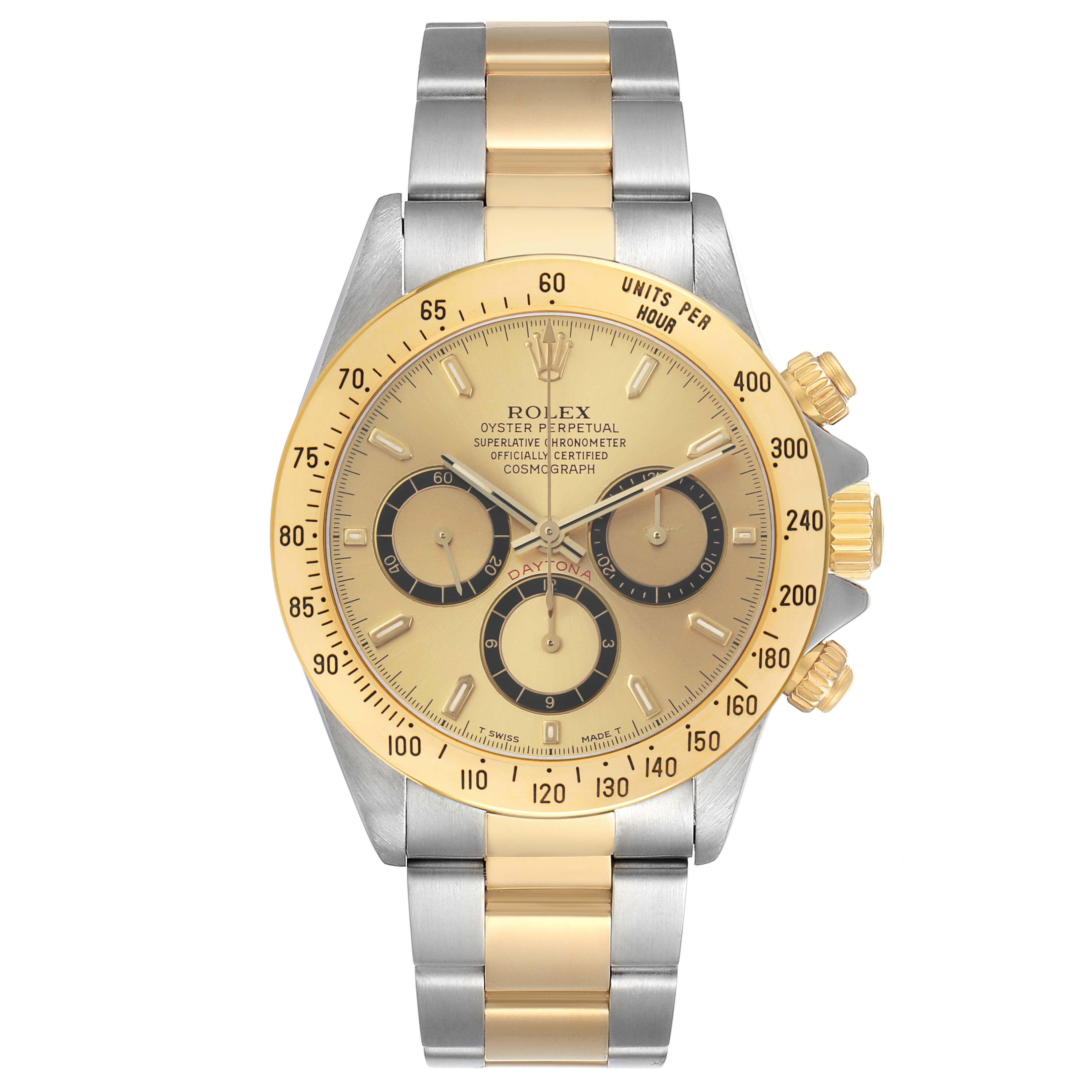 The Rolex Daytona 16523 Men's Steel and Gold (two tone) Champagne Dial is shown from the front, featuring a gold and silver bracelet, with its dial, subdials, and bezel visible.