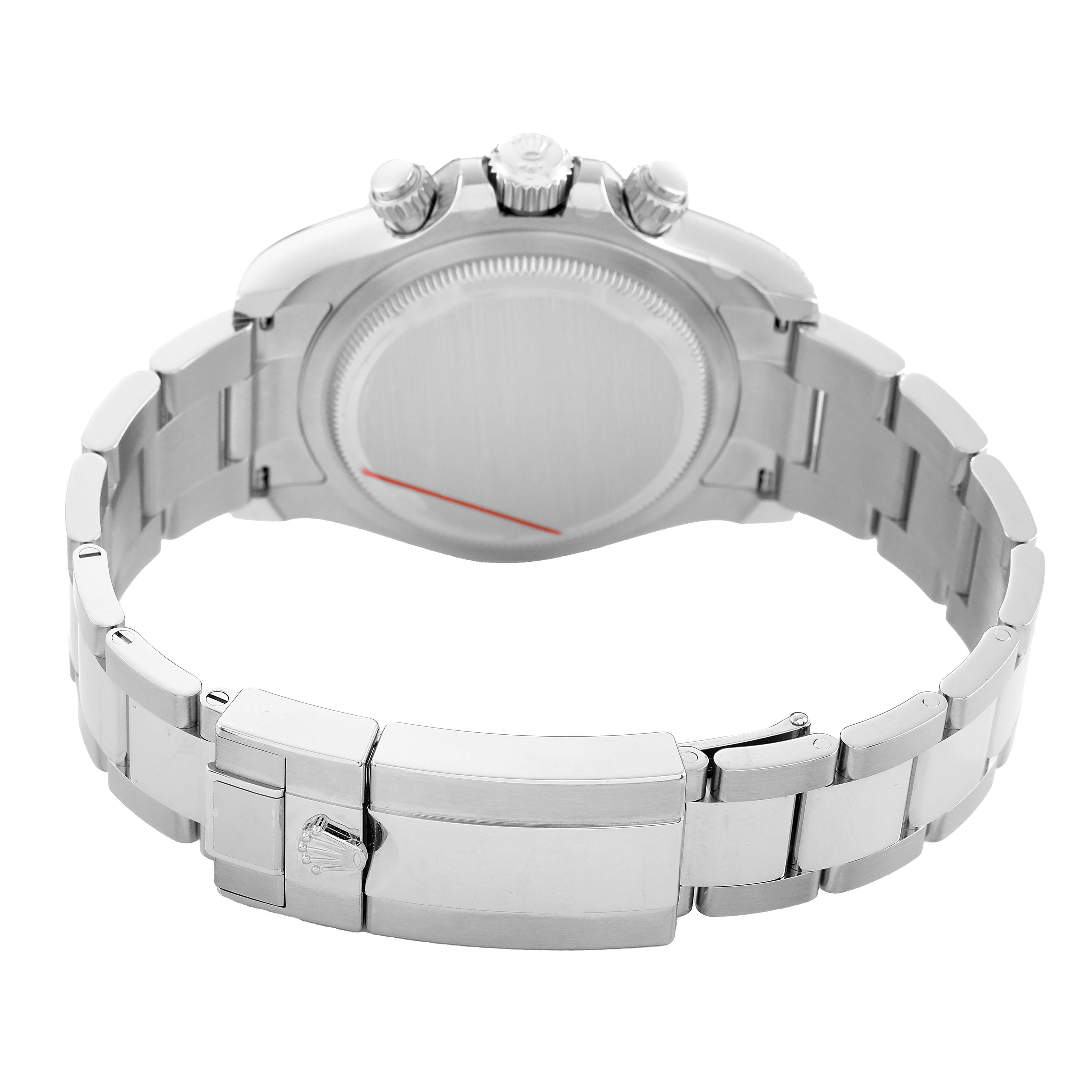 The image shows the back view of a Rolex Daytona 126500 Men's Stainless Steel White Dial, highlighting the case back, crown, push buttons, and bracelet clasp.