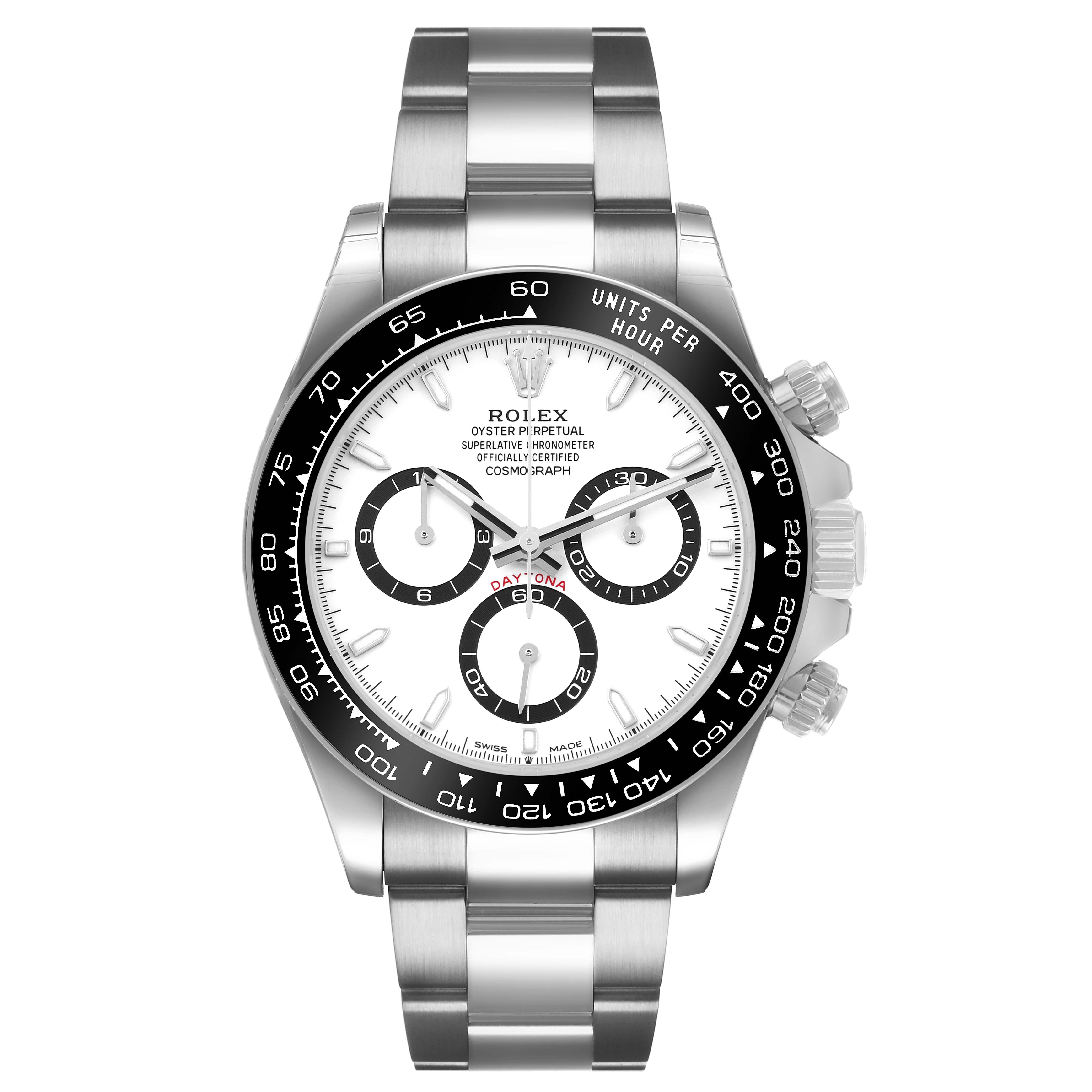 The Rolex Daytona 126500 Men's Stainless Steel White Dial watch is shown from a top view, highlighting its dial, bezel, and bracelet.
