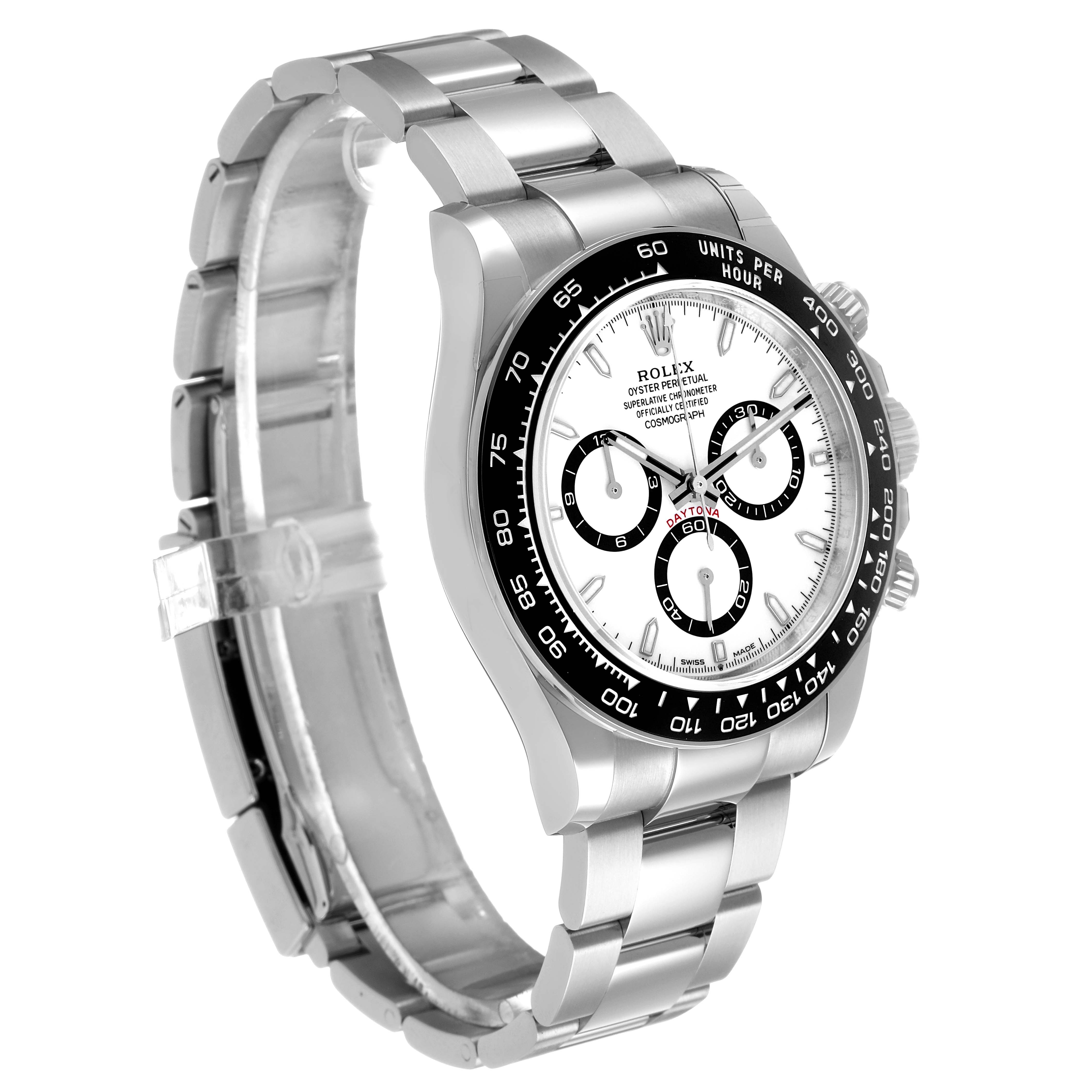 The Rolex Daytona 126500 Men's Stainless Steel White Dial watch is shown at a three-quarter angle, displaying its face, bezel, pushers, and stainless steel bracelet.