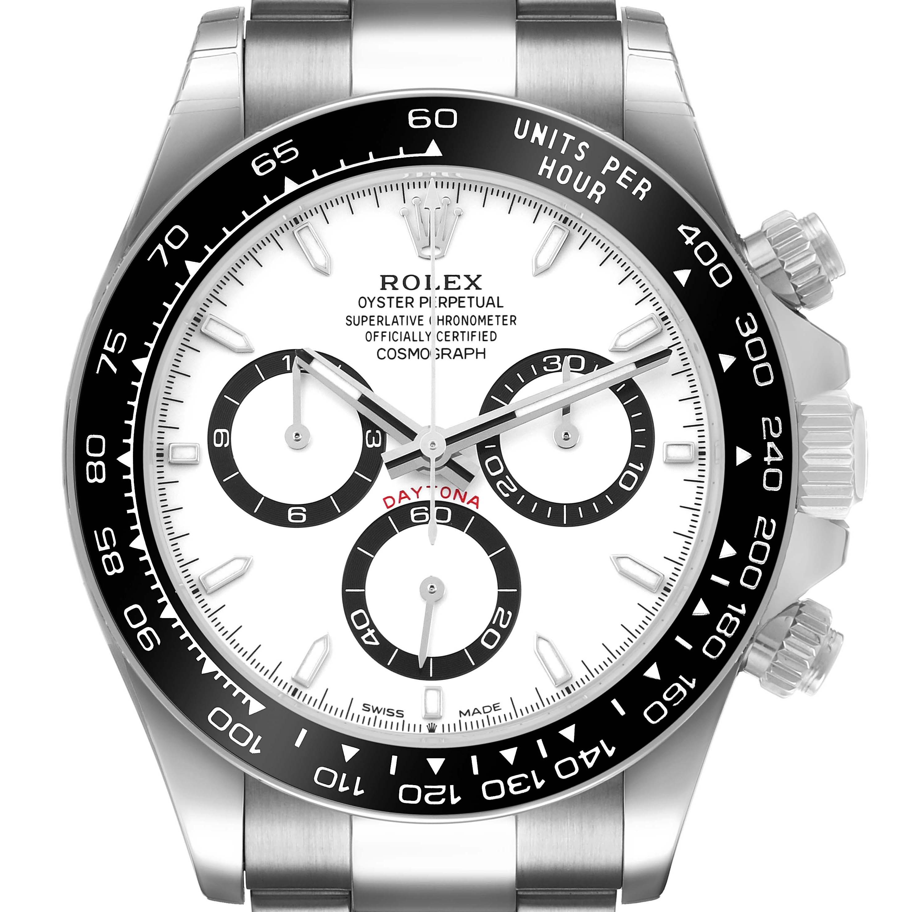 The Rolex Daytona 126500 Men's Stainless Steel White Dial watch is shown from a front angle, highlighting its bezel, tachymeter, dial, and subdials.