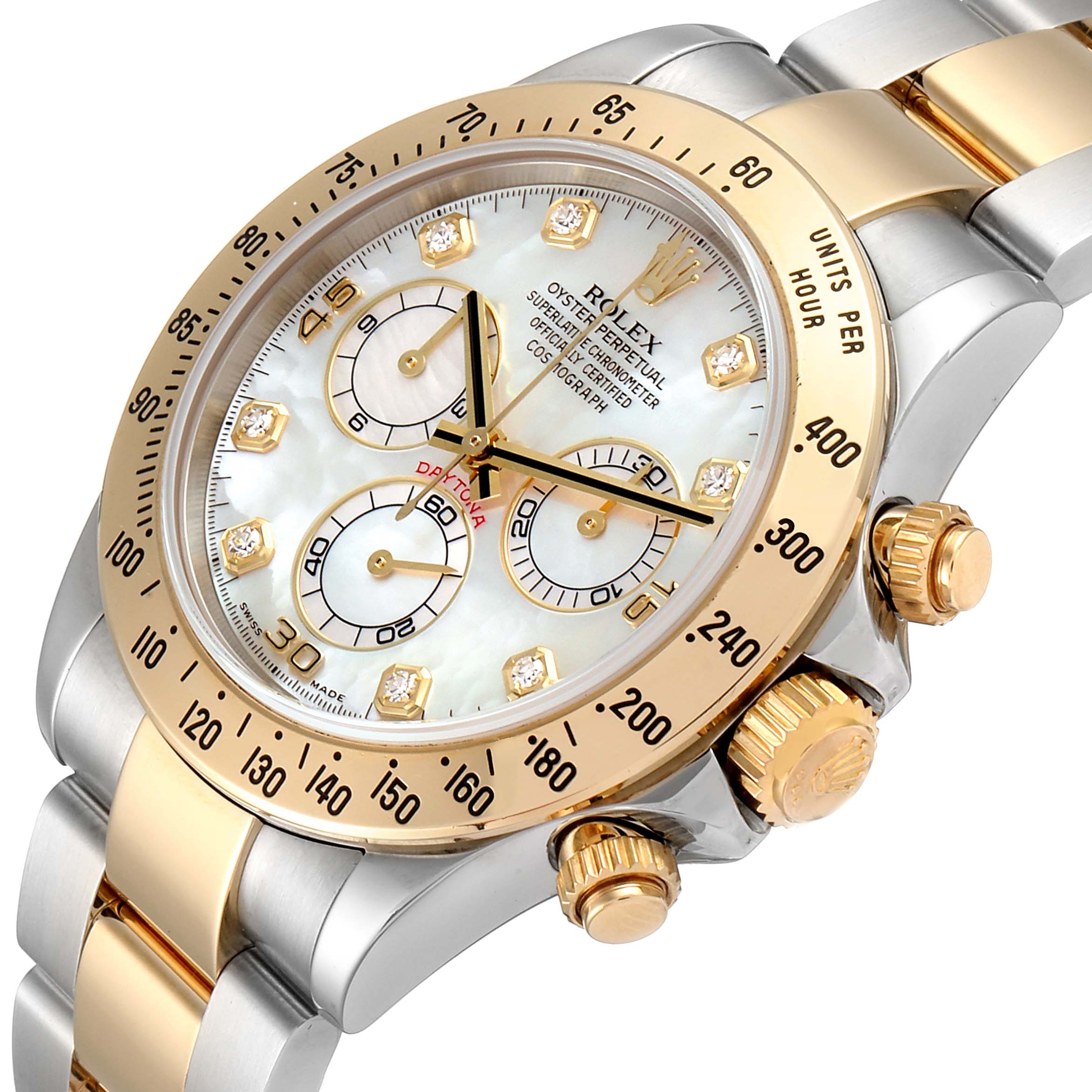 The image shows a side angle of the Rolex Daytona 116523 Men's Steel and Gold (two tone) Mother of Pearl Dial 116523 Men's Steel and Gold (two tone) Mother of Pearl Dial watch, highlighting its bezel, dial, and crown with pushers.