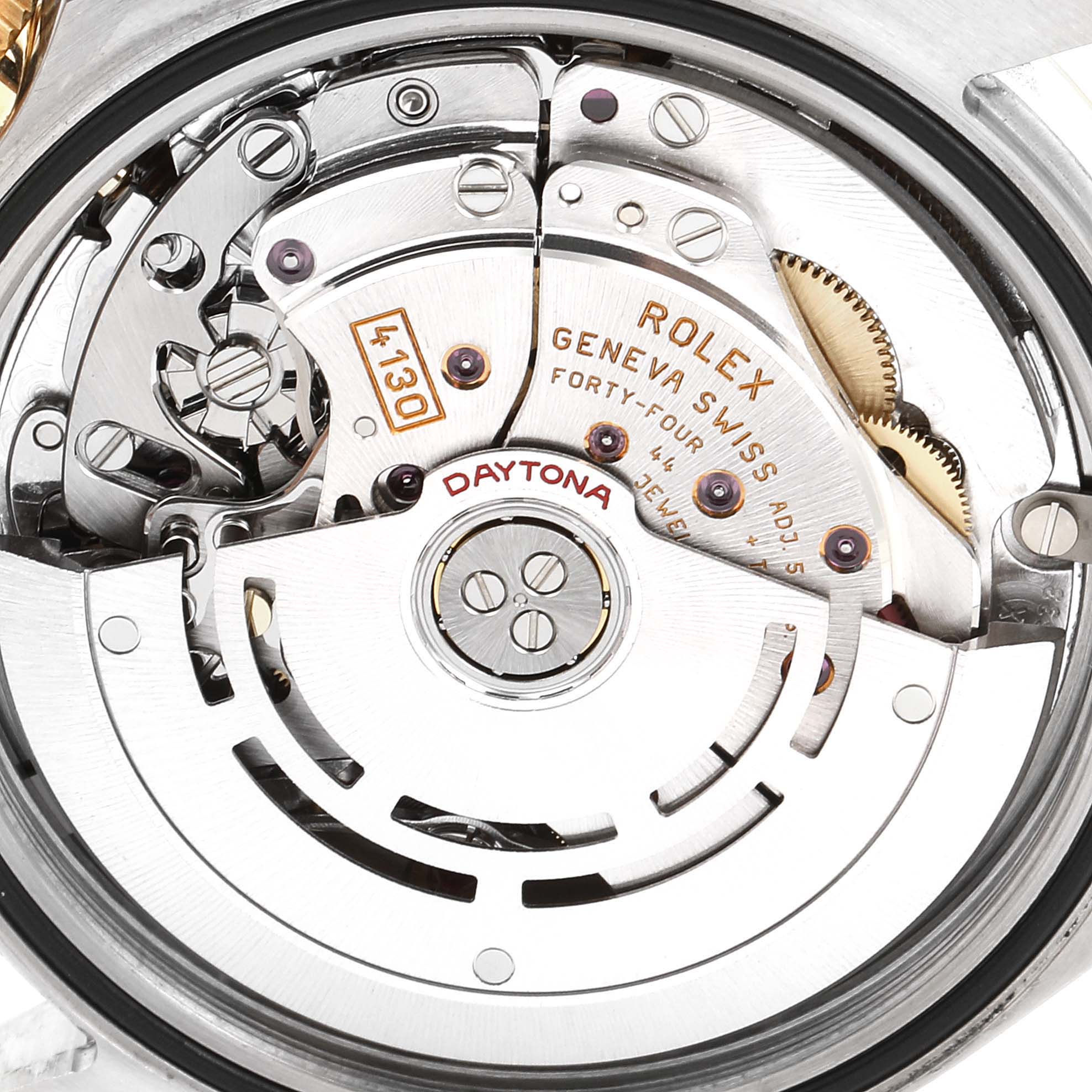 This image shows the movement mechanism of a Rolex Daytona 116523 Men's Steel and Gold (two tone) Mother of Pearl Dial 116523 Men's Steel and Gold (two tone) Mother of Pearl Dial watch from a top-down angle.