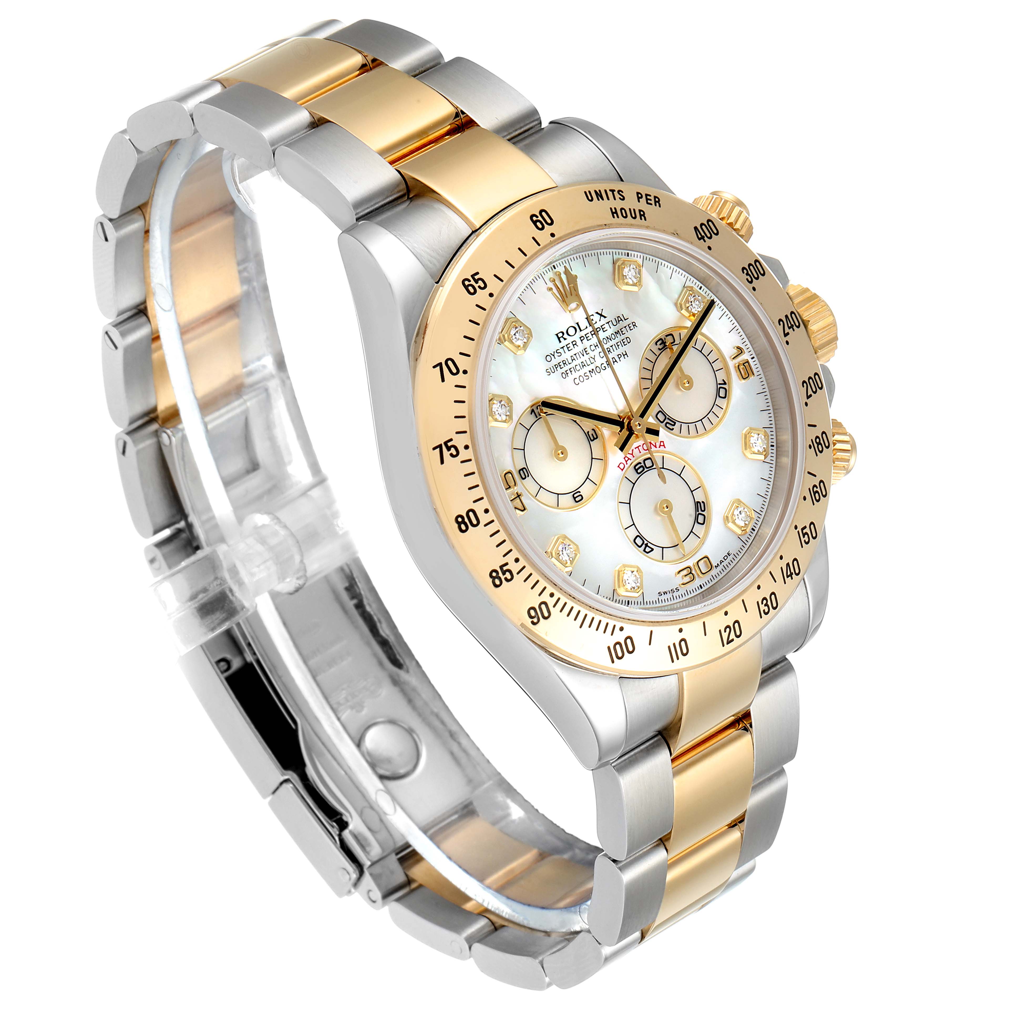 The image shows a Rolex Daytona 116523 Men's Steel and Gold (two tone) Mother of Pearl Dial 116523 Men's Steel and Gold (two tone) Mother of Pearl Dial watch at an angle highlighting its face, bezel, and two-tone bracelet.