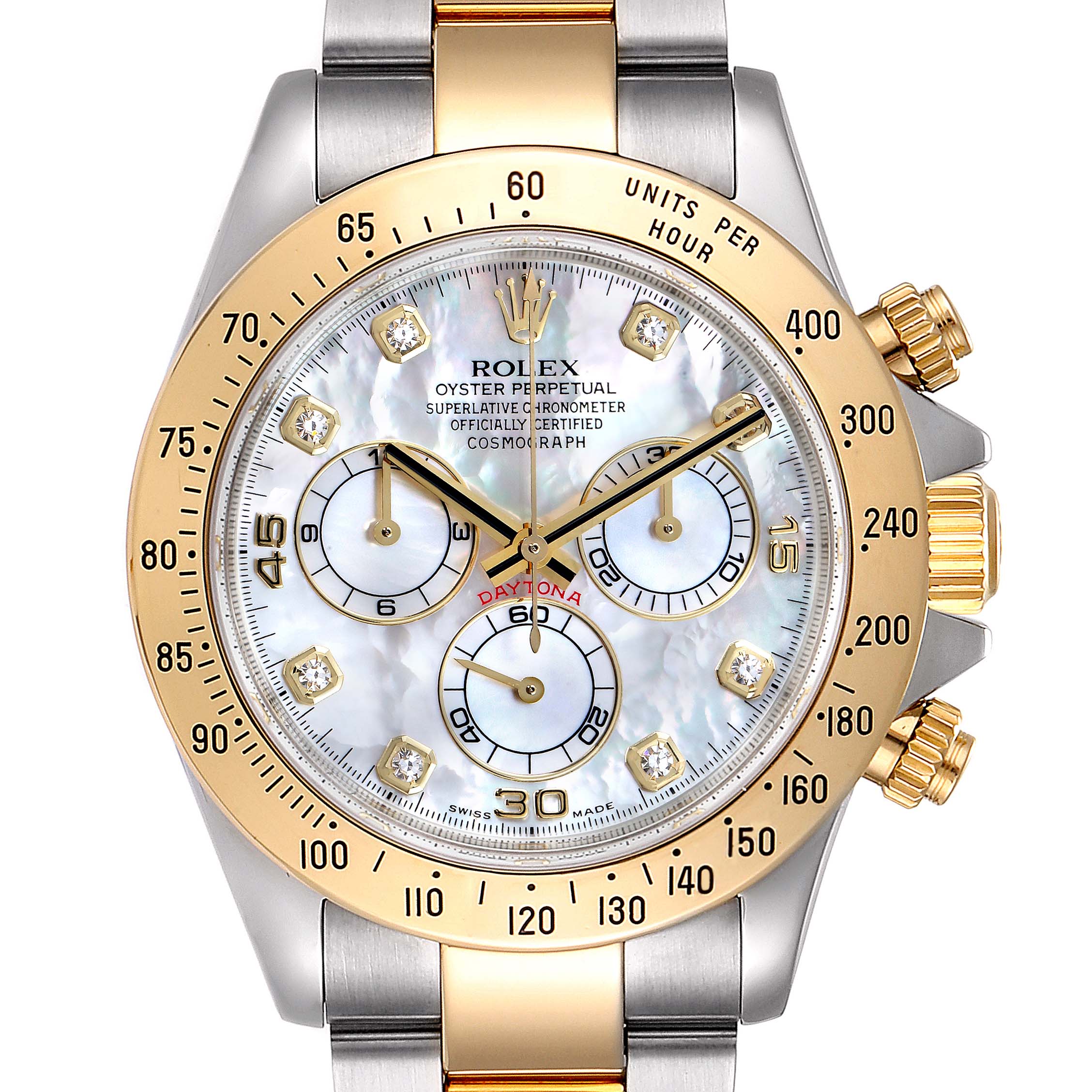This Rolex Daytona 116523 Men's Steel and Gold (two tone) Mother of Pearl Dial 116523 Men's Steel and Gold (two tone) Mother of Pearl Dial is shown from the front, displaying the face, bezel, crown, and part of the bracelet.