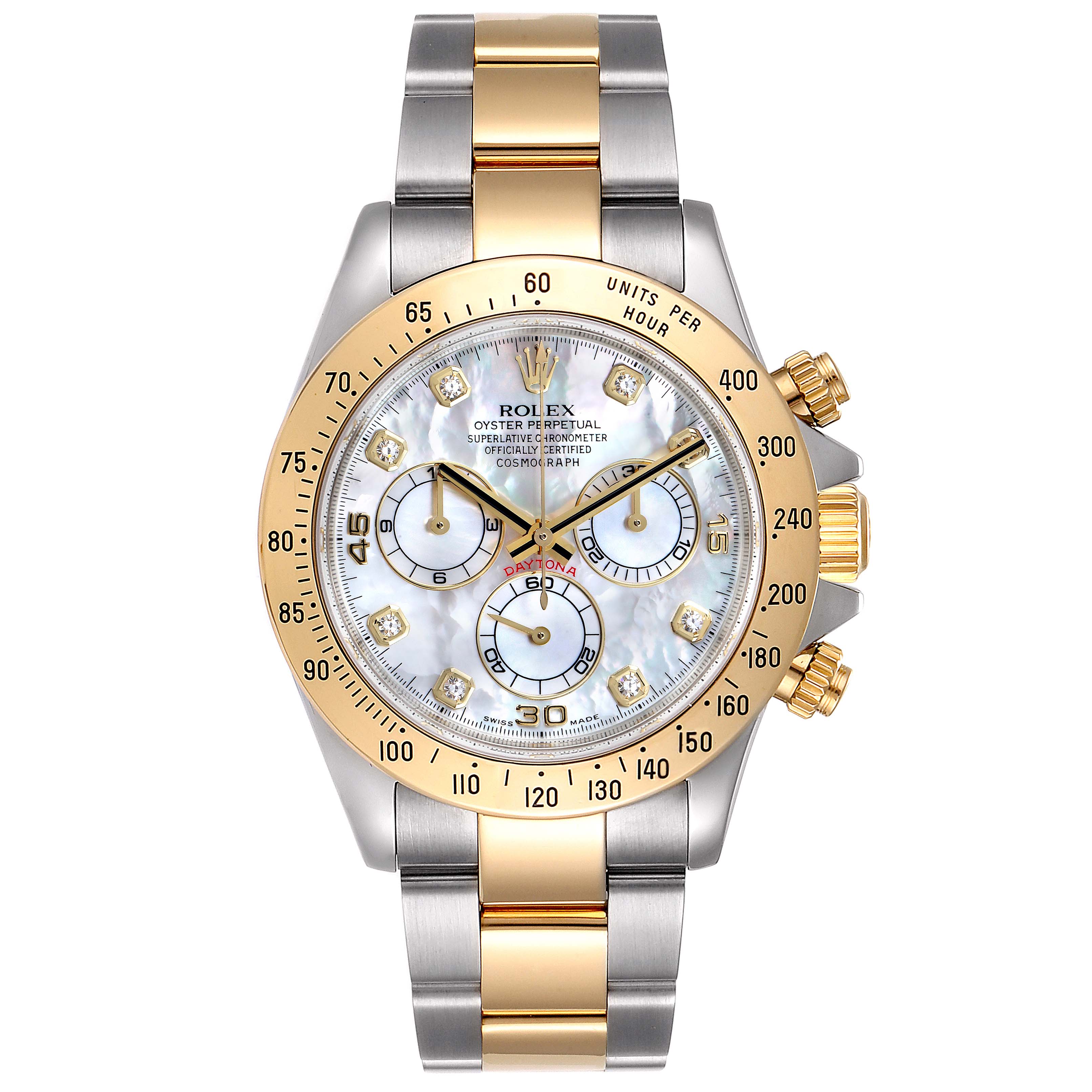 The image shows the front face and band of a Rolex Daytona 116523 Men's Steel and Gold (two tone) Mother of Pearl Dial 116523 Men's Steel and Gold (two tone) Mother of Pearl Dial watch, highlighting its gold and silver design and detailed dial.