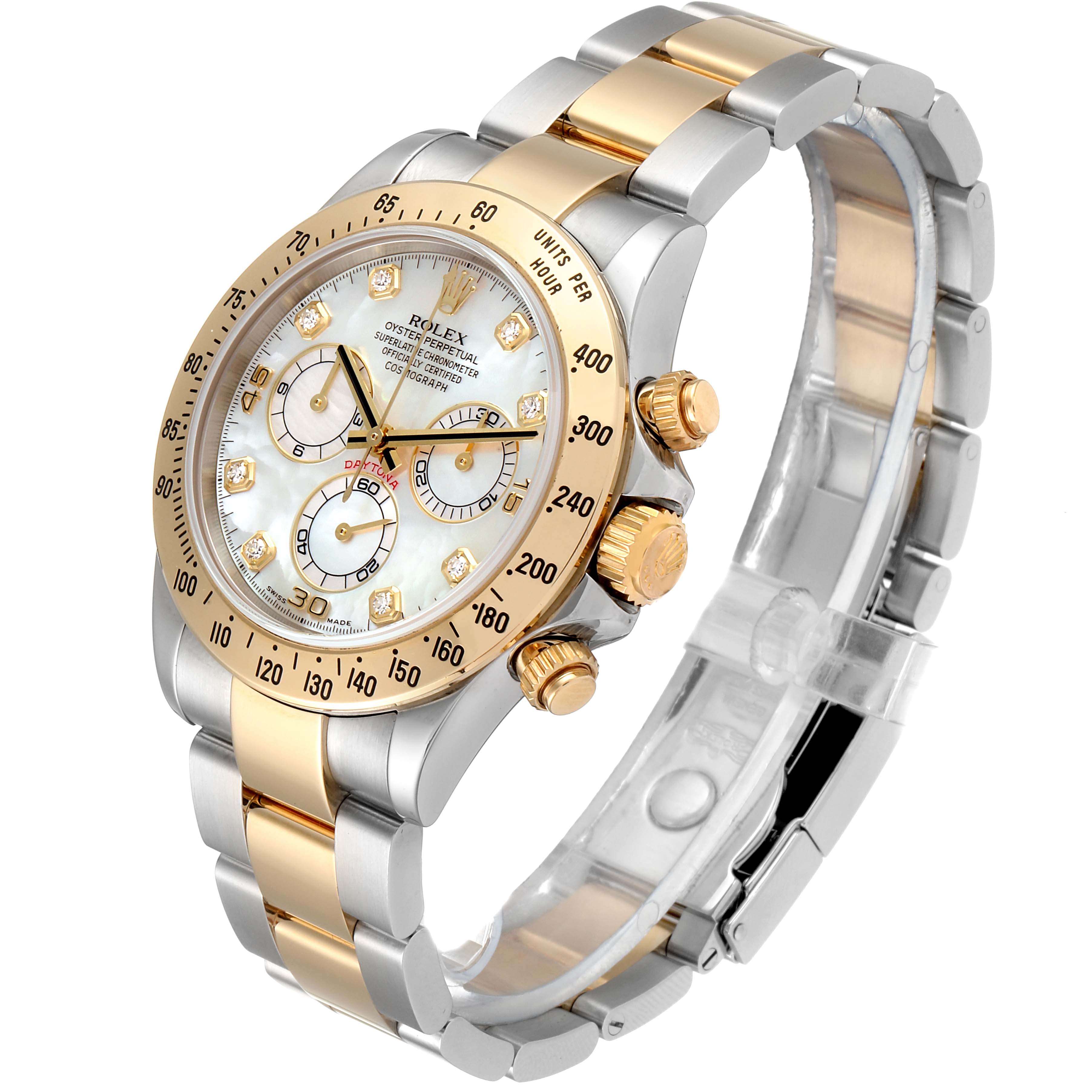 This image shows a gold and silver Rolex Daytona 116523 Men's Steel and Gold (two tone) Mother of Pearl Dial 116523 Men's Steel and Gold (two tone) Mother of Pearl Dial watch, viewed at an angle highlighting the face, bezel, crown, and bracelet.
