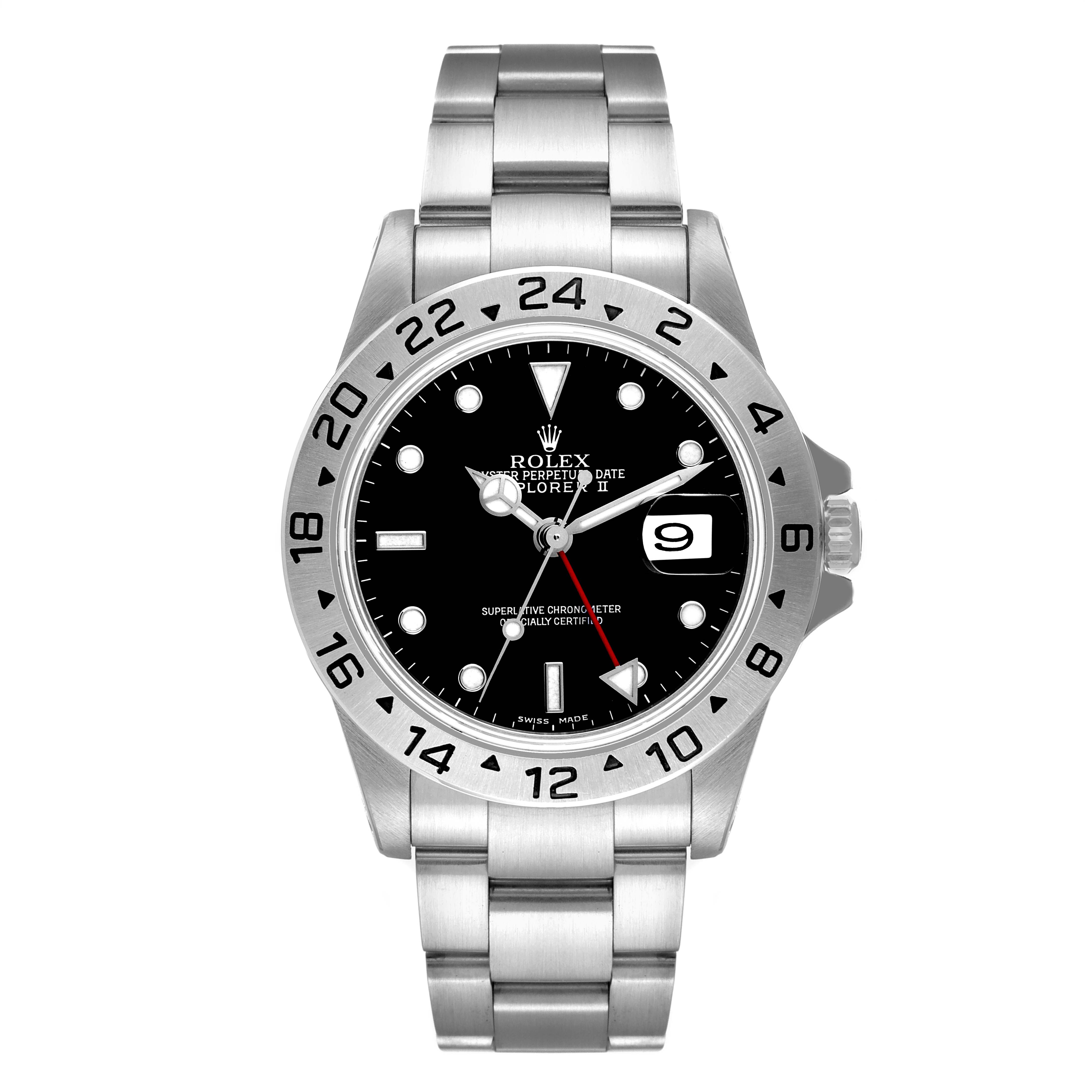This image shows a front view of a Rolex Explorer 16570 Men's Stainless Steel Black Dial 16570 Men's Stainless Steel Black Dial watch, highlighting the dial, bezel, and metal bracelet.