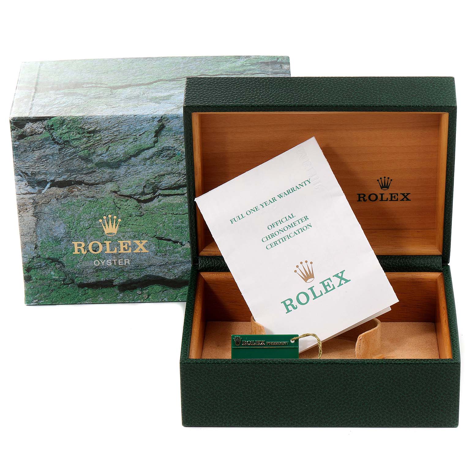 The image shows the packaging box, warranty booklet, and certificate holder for a Rolex Explorer 16570 Men's Stainless Steel Black Dial 16570 Men's Stainless Steel Black Dial model watch.