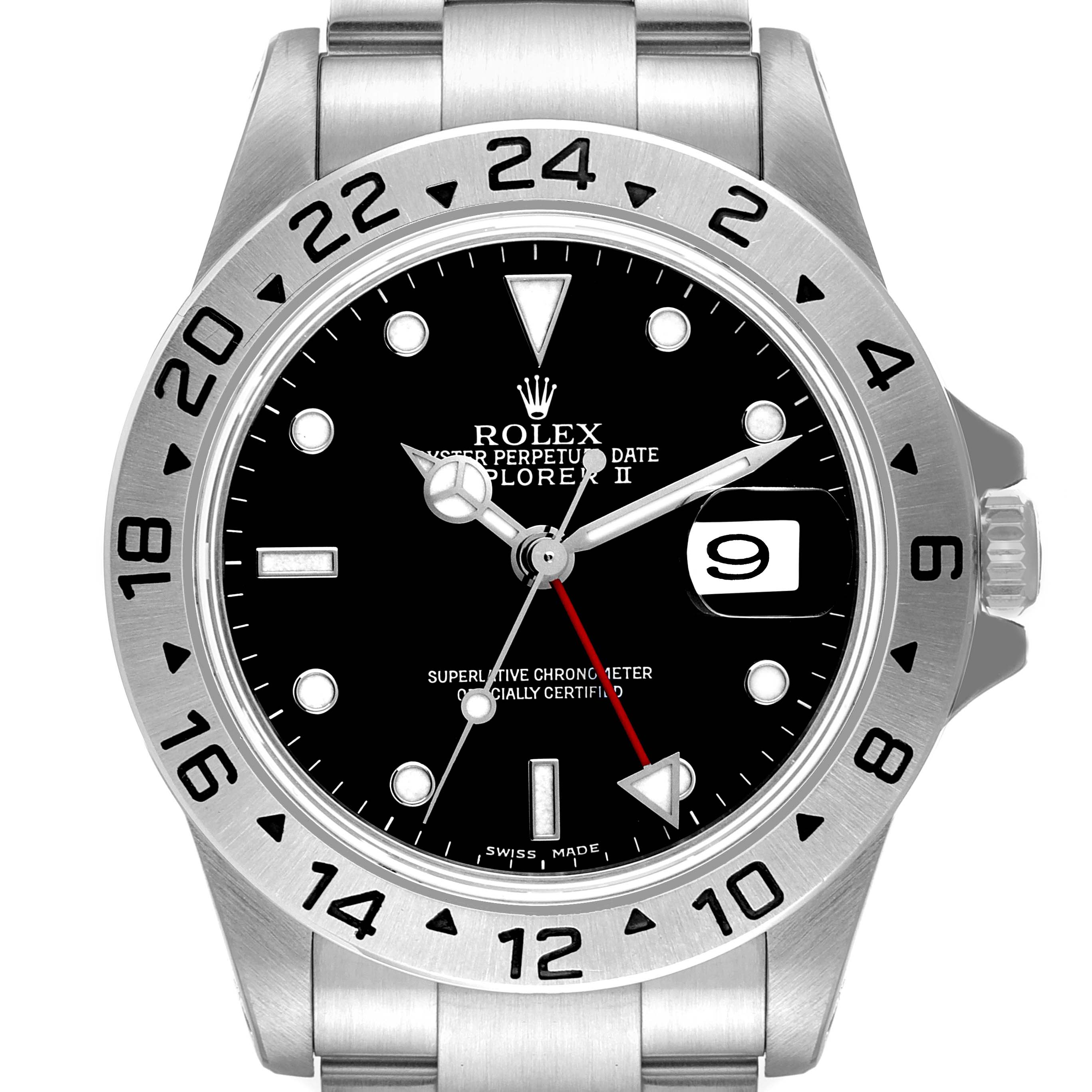 The Rolex Explorer 16570 Men's Stainless Steel Black Dial 16570 Men's Stainless Steel Black Dial watch is shown from a front angle, featuring the dial, bezel, and part of the bracelet.