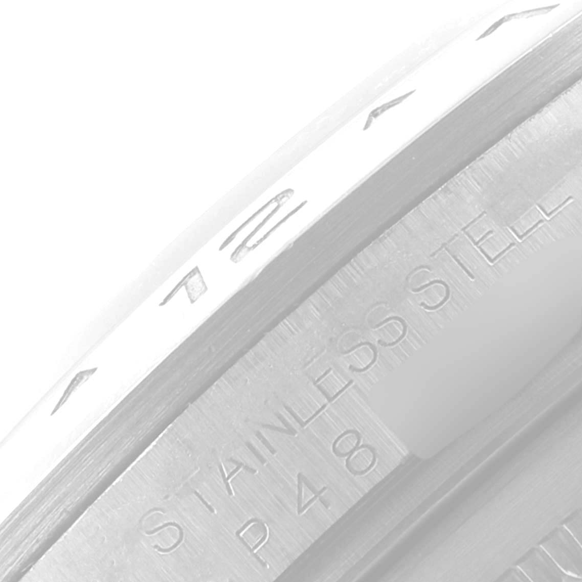 The image shows a close-up of the side profile of a Rolex Explorer 16570 Men's Stainless Steel Black Dial 16570 Men's Stainless Steel Black Dial model watch, highlighting the stainless steel case and inner markings.