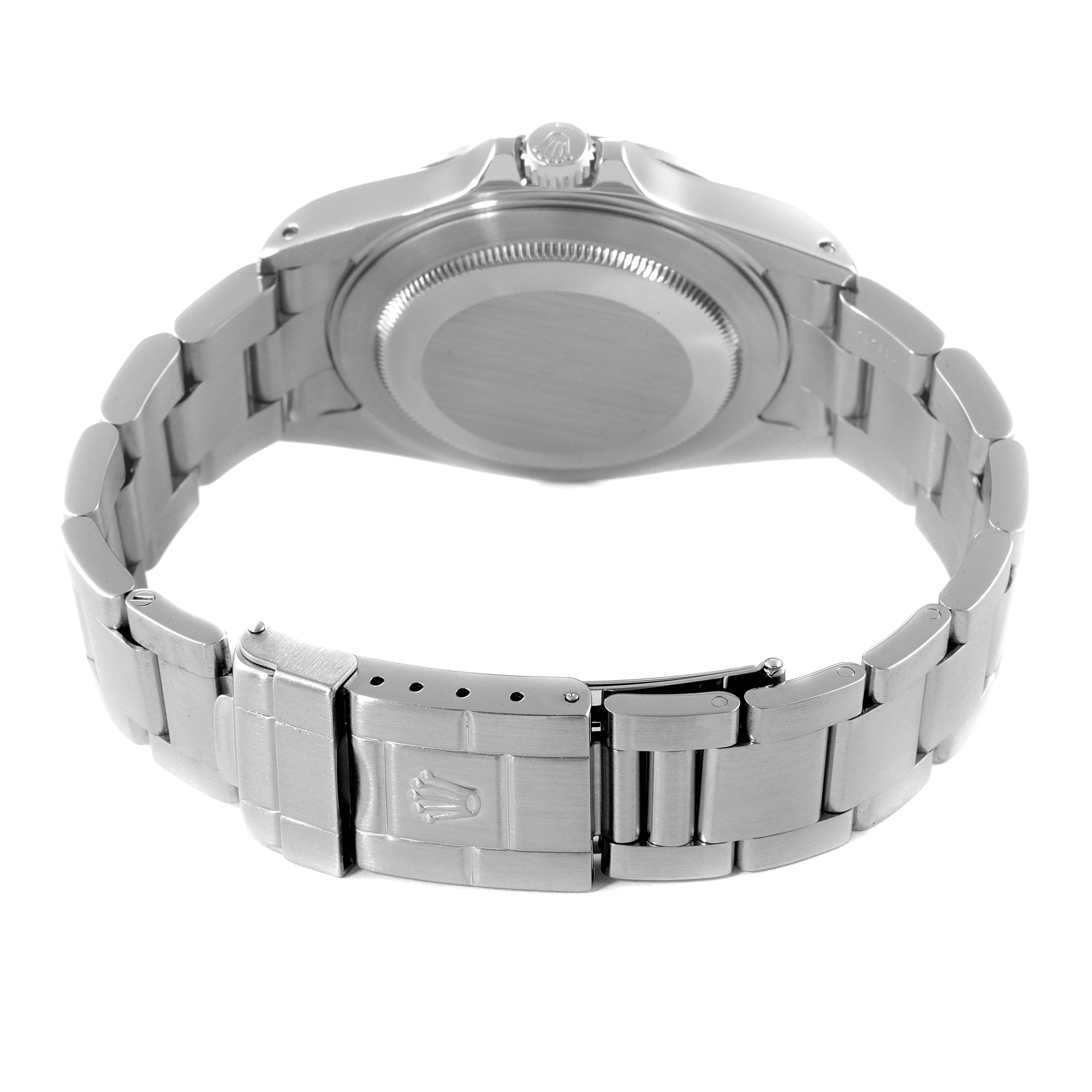 The image shows the back and bracelet of a Rolex Explorer 16570 Men's Stainless Steel Black Dial 16570 Men's Stainless Steel Black Dial watch, highlighting its clasp and caseback.